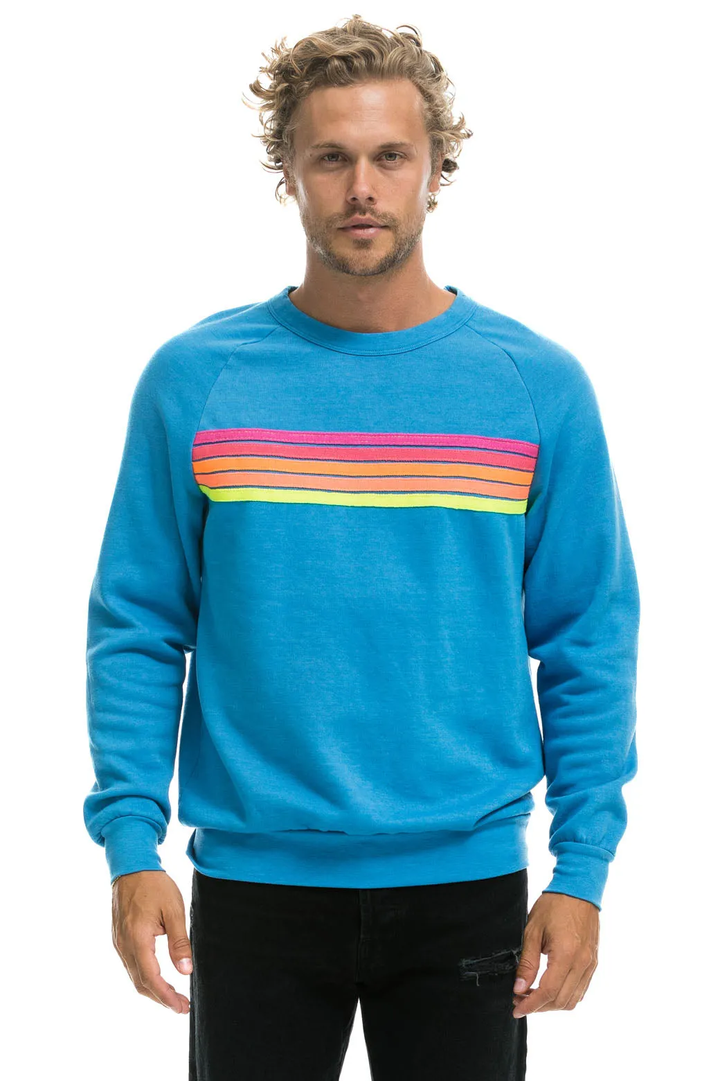 5 STRIPE CREW SWEATSHIRT - OCEAN // NEON PINK YELLOW