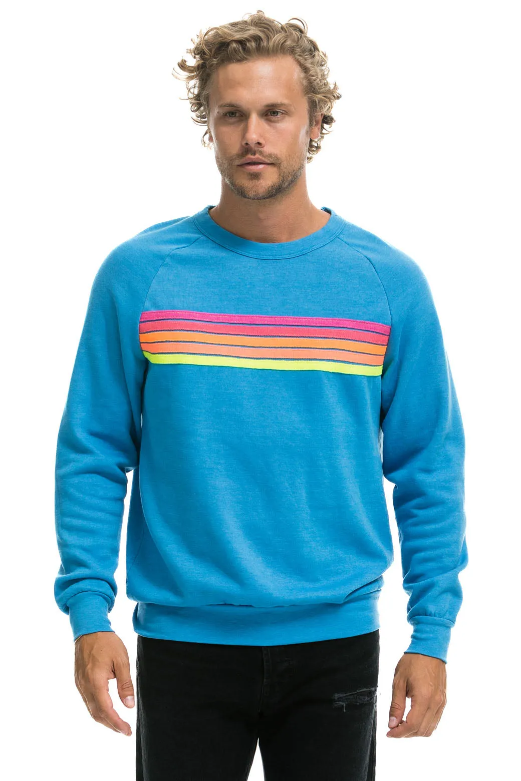 5 STRIPE CREW SWEATSHIRT - OCEAN // NEON PINK YELLOW