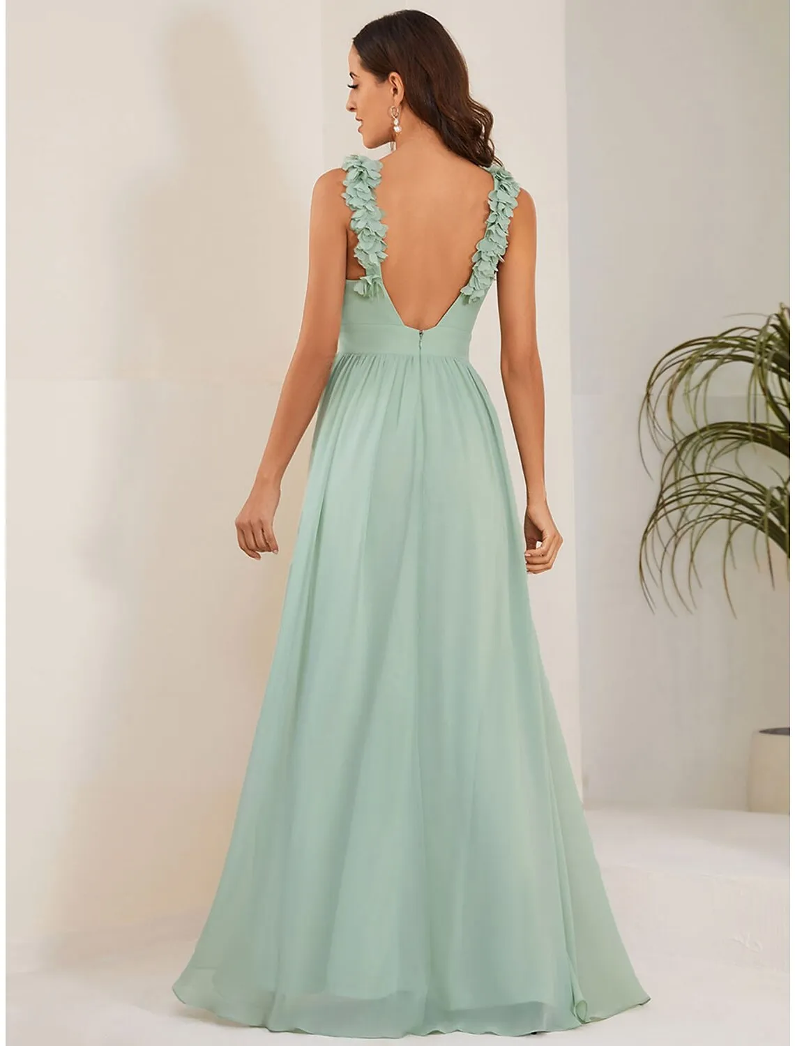 A-Line Wedding Guest Dresses Elegant Dress Formal Floor Length Sleeveless Jewel Neck Chiffon with Pleats Shouder Flower