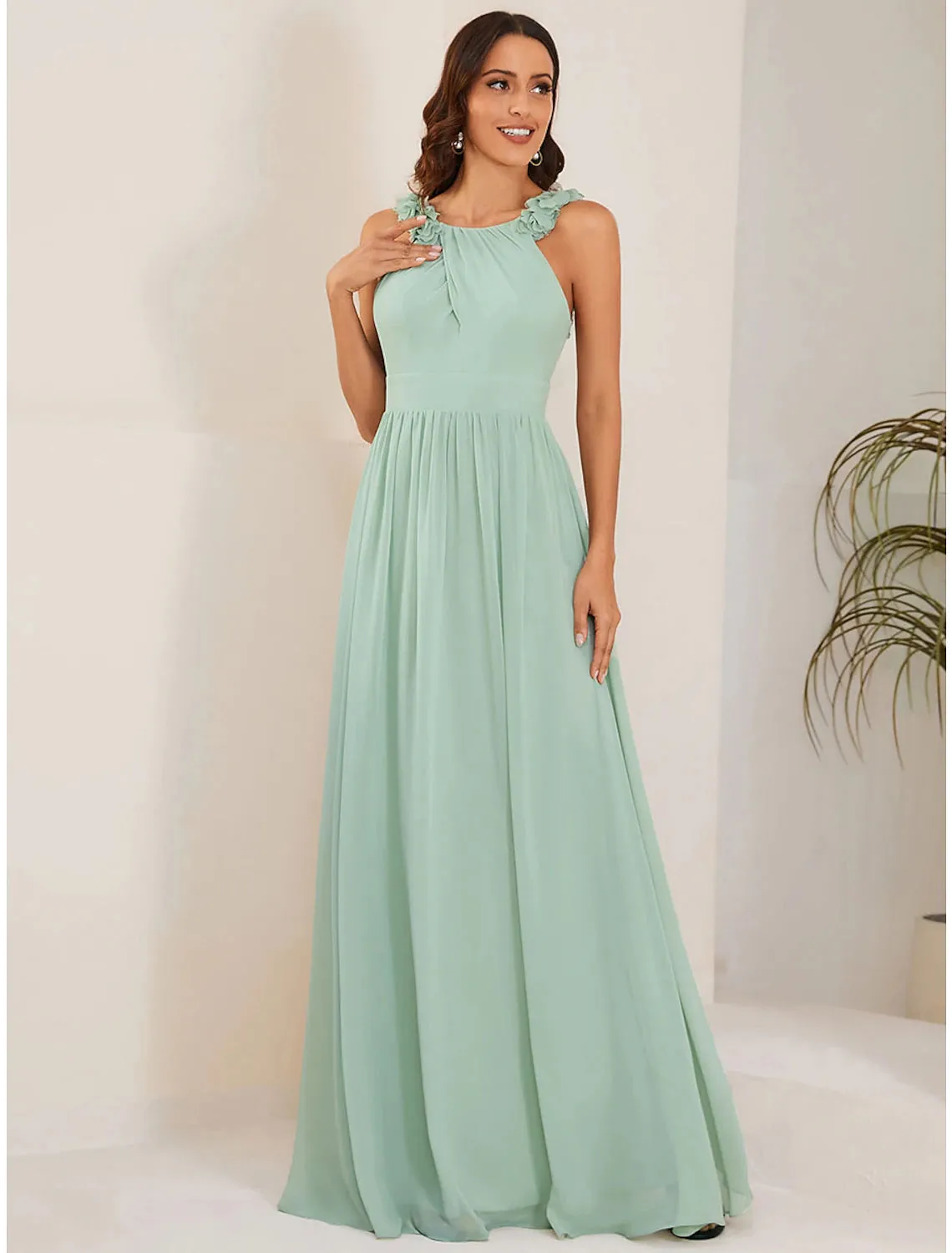 A-Line Wedding Guest Dresses Elegant Dress Formal Floor Length Sleeveless Jewel Neck Chiffon with Pleats Shouder Flower