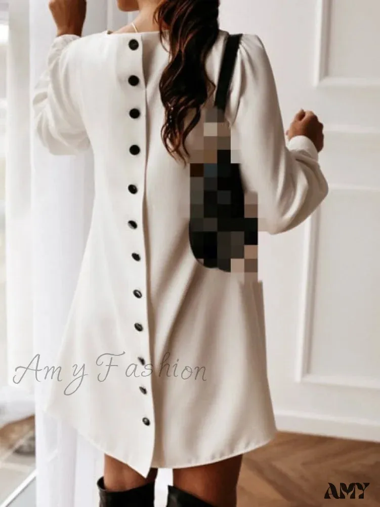 Amy Fashion - Long Sleeve Loose O-neck Button Solid A-line Elegant Dresses