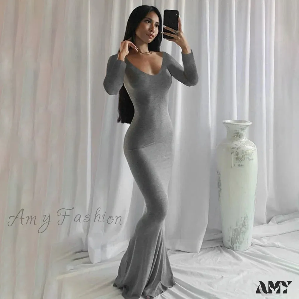 Amy Fashion - Party Club Ladies Bodycon Peach Hip Elegant Long Dresses