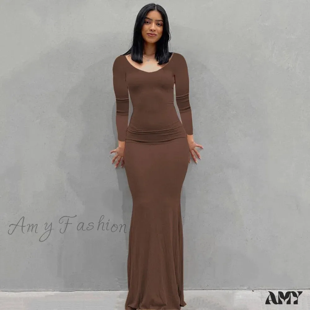 Amy Fashion - Party Club Ladies Bodycon Peach Hip Elegant Long Dresses