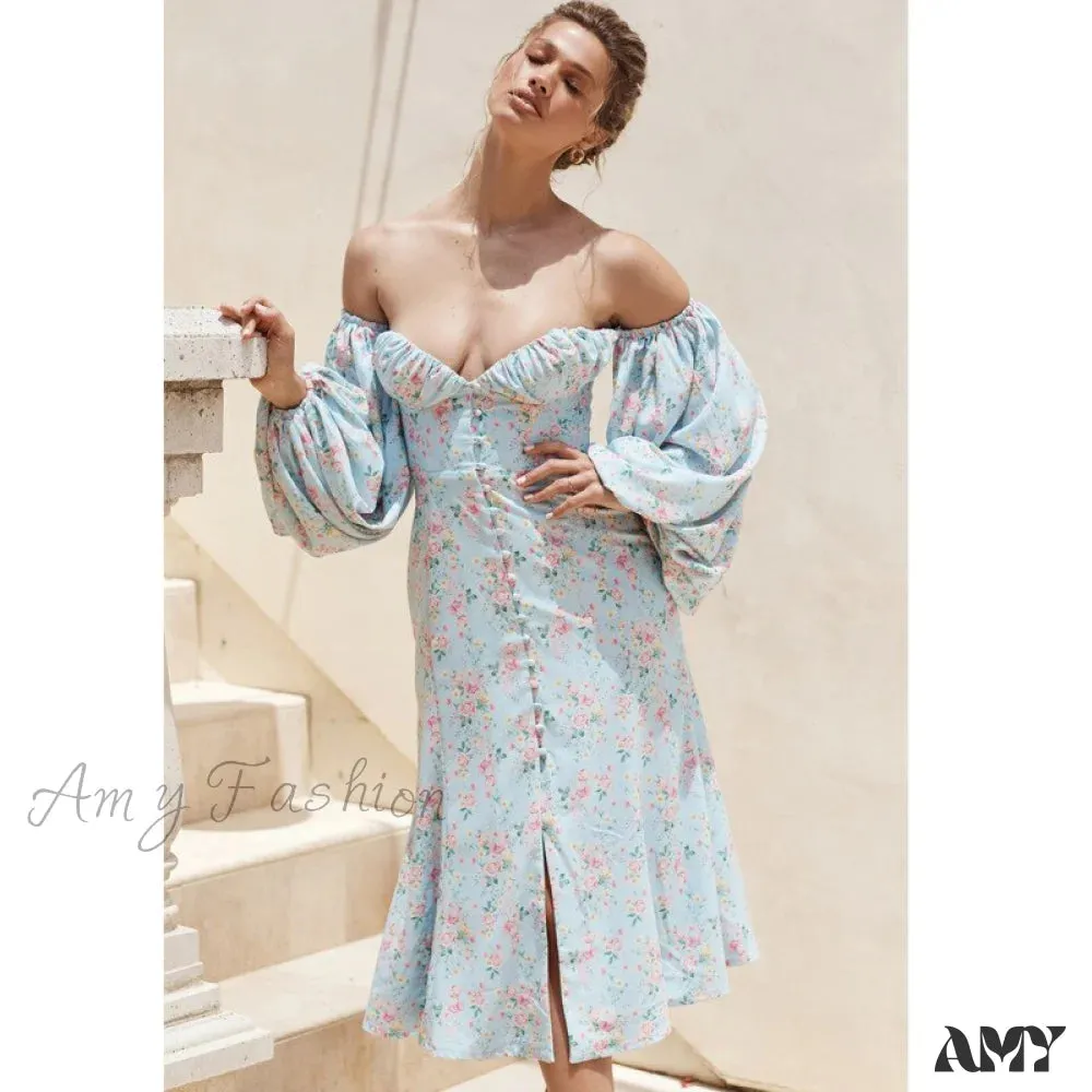 Amy Fashion - Sweet Off Shoulder Puff Sleeve Spilt Buttons Dresses