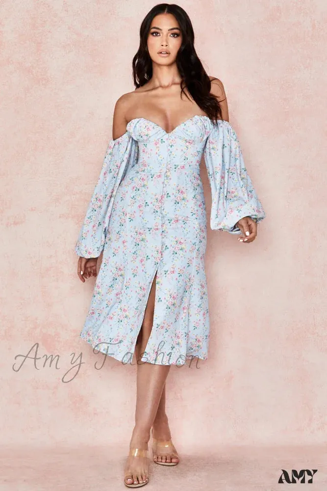 Amy Fashion - Sweet Off Shoulder Puff Sleeve Spilt Buttons Dresses