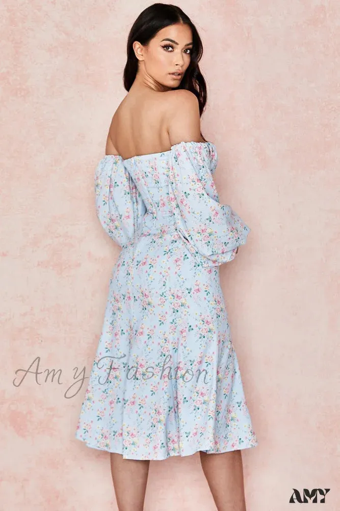 Amy Fashion - Sweet Off Shoulder Puff Sleeve Spilt Buttons Dresses