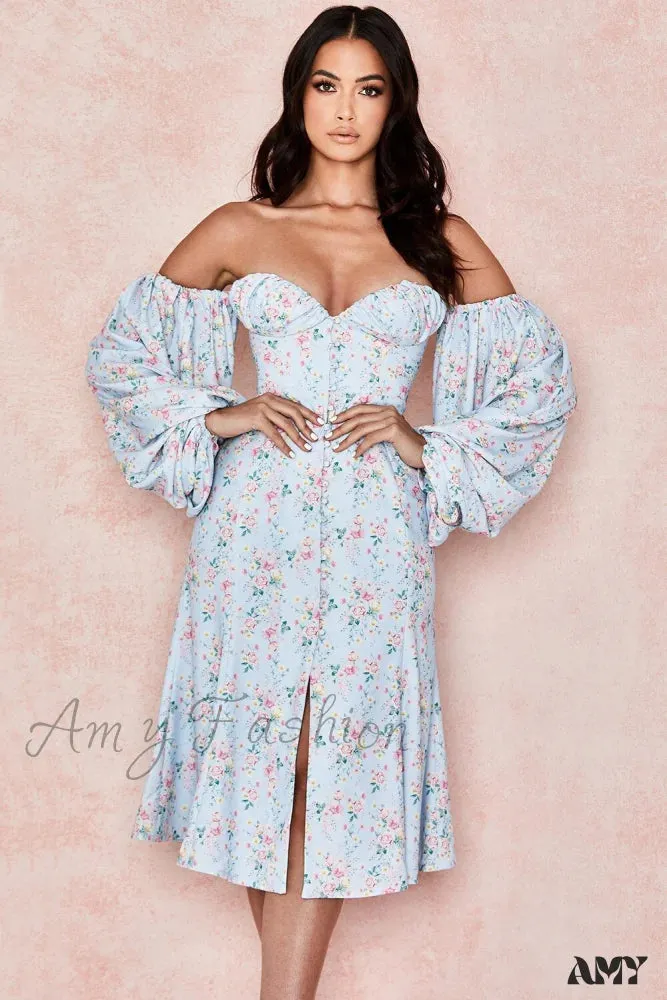 Amy Fashion - Sweet Off Shoulder Puff Sleeve Spilt Buttons Dresses