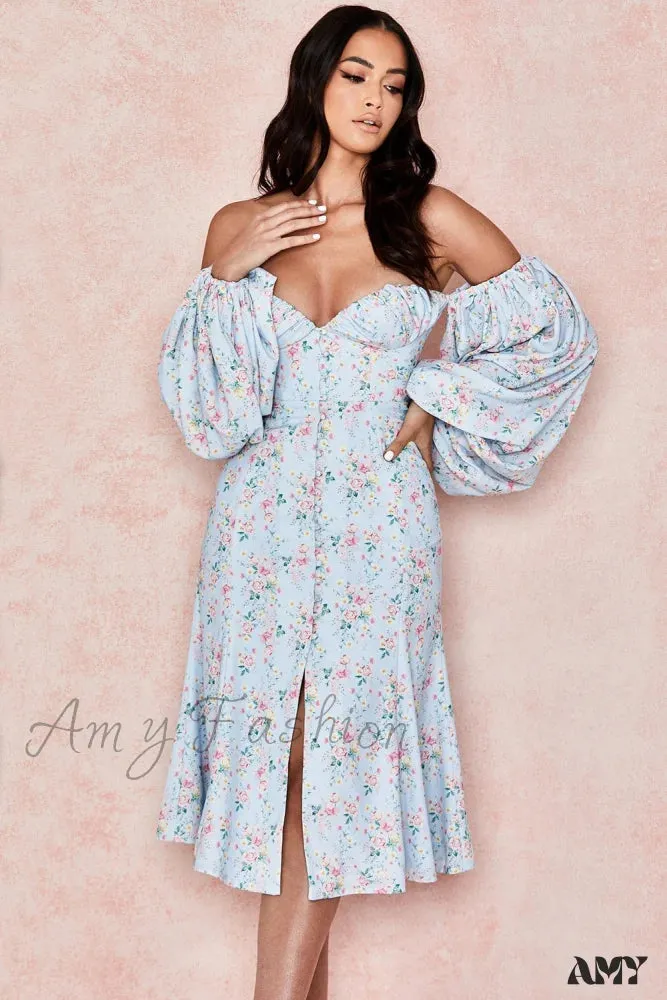 Amy Fashion - Sweet Off Shoulder Puff Sleeve Spilt Buttons Dresses