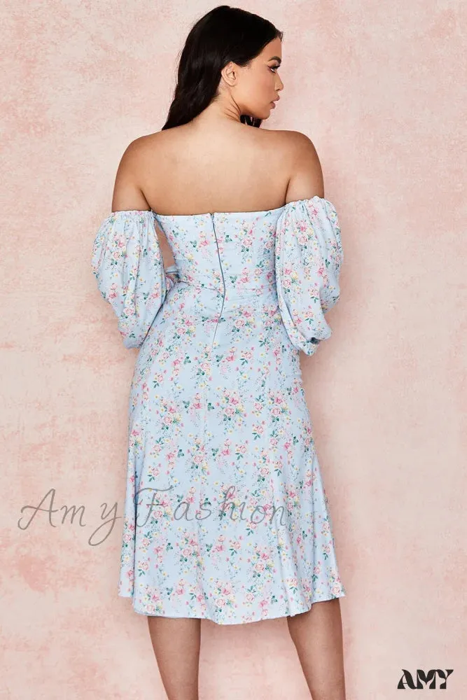 Amy Fashion - Sweet Off Shoulder Puff Sleeve Spilt Buttons Dresses