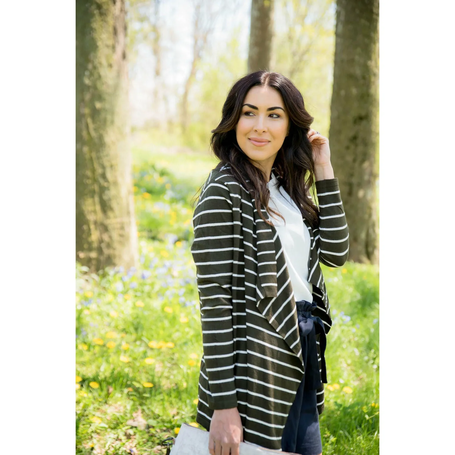 Basic Striped Waterfall Cardigan