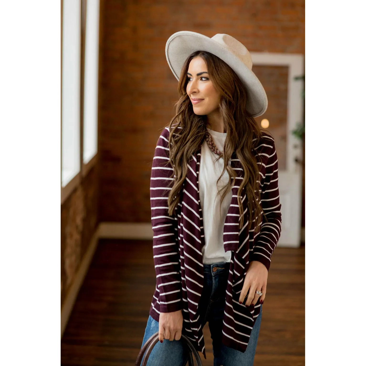 Basic Striped Waterfall Cardigan