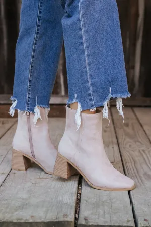 Beige Faux Suede Heeled Ankle Booties