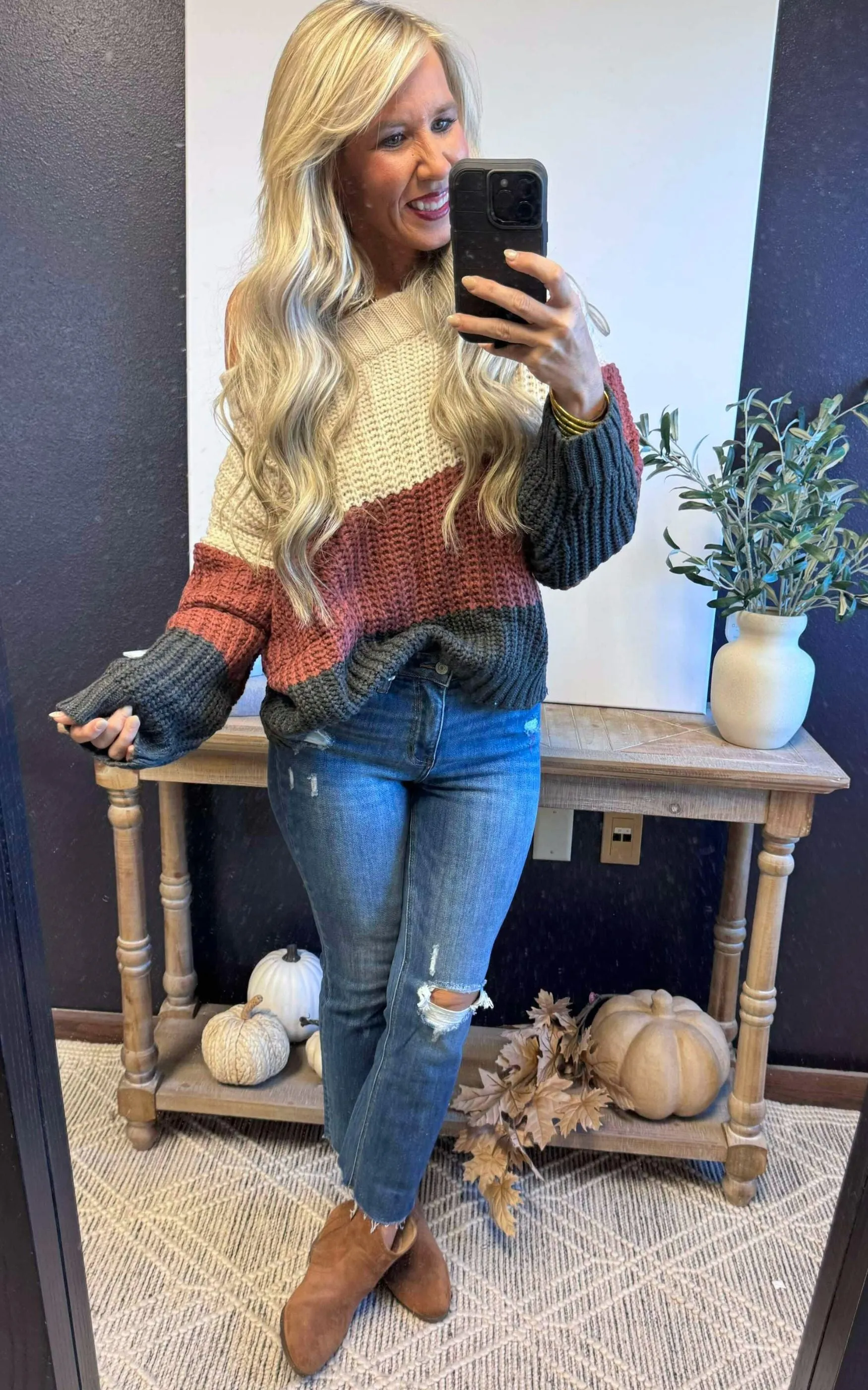 Beige/Red Bean Color Block Off Shoulder Sweater Top