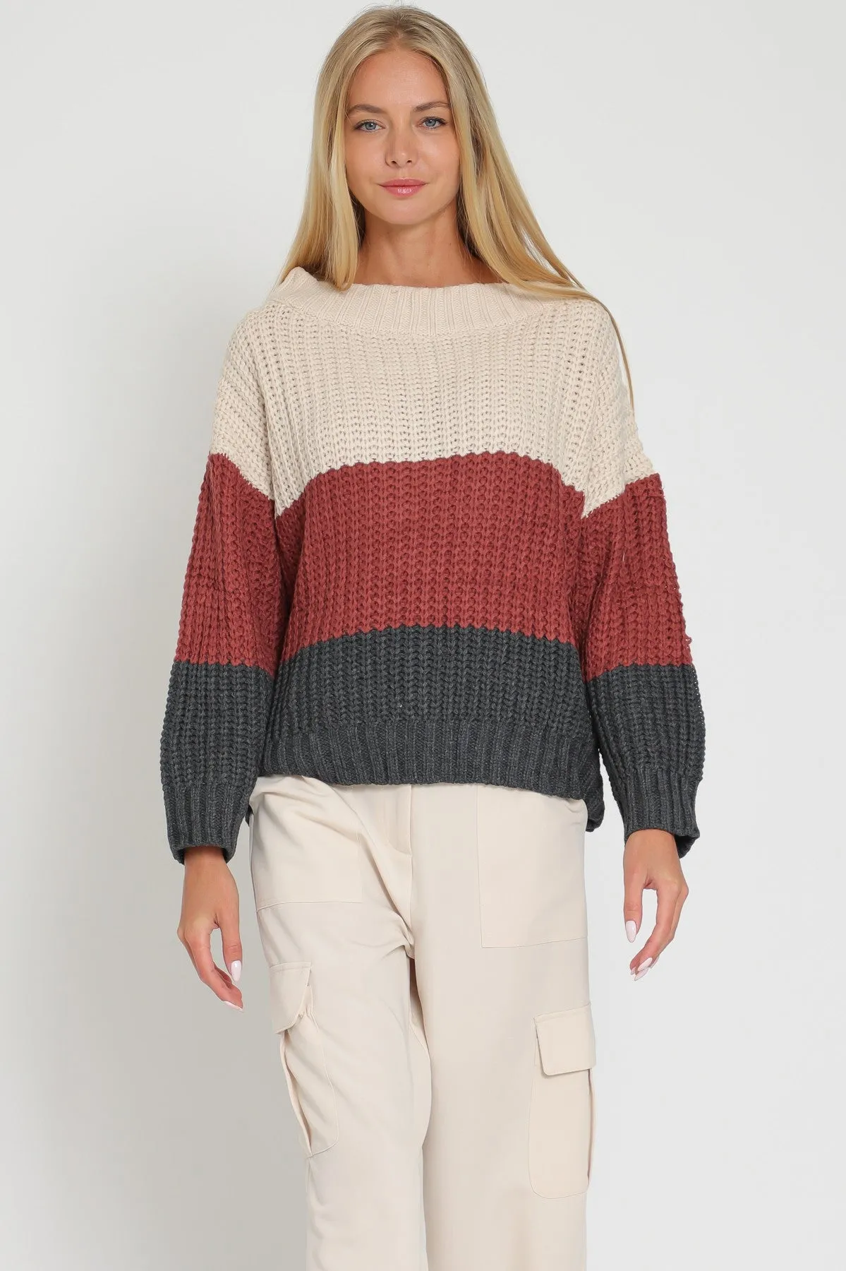 Beige/Red Bean Color Block Off Shoulder Sweater Top