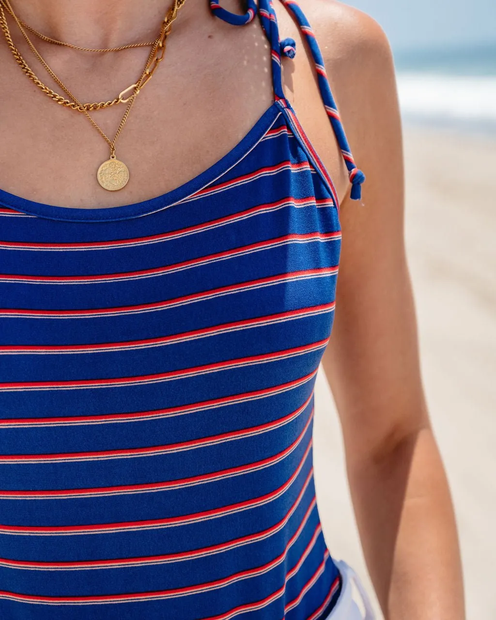 Blue and Red Striped Tie Strap Bodysuit-FINAL SALE