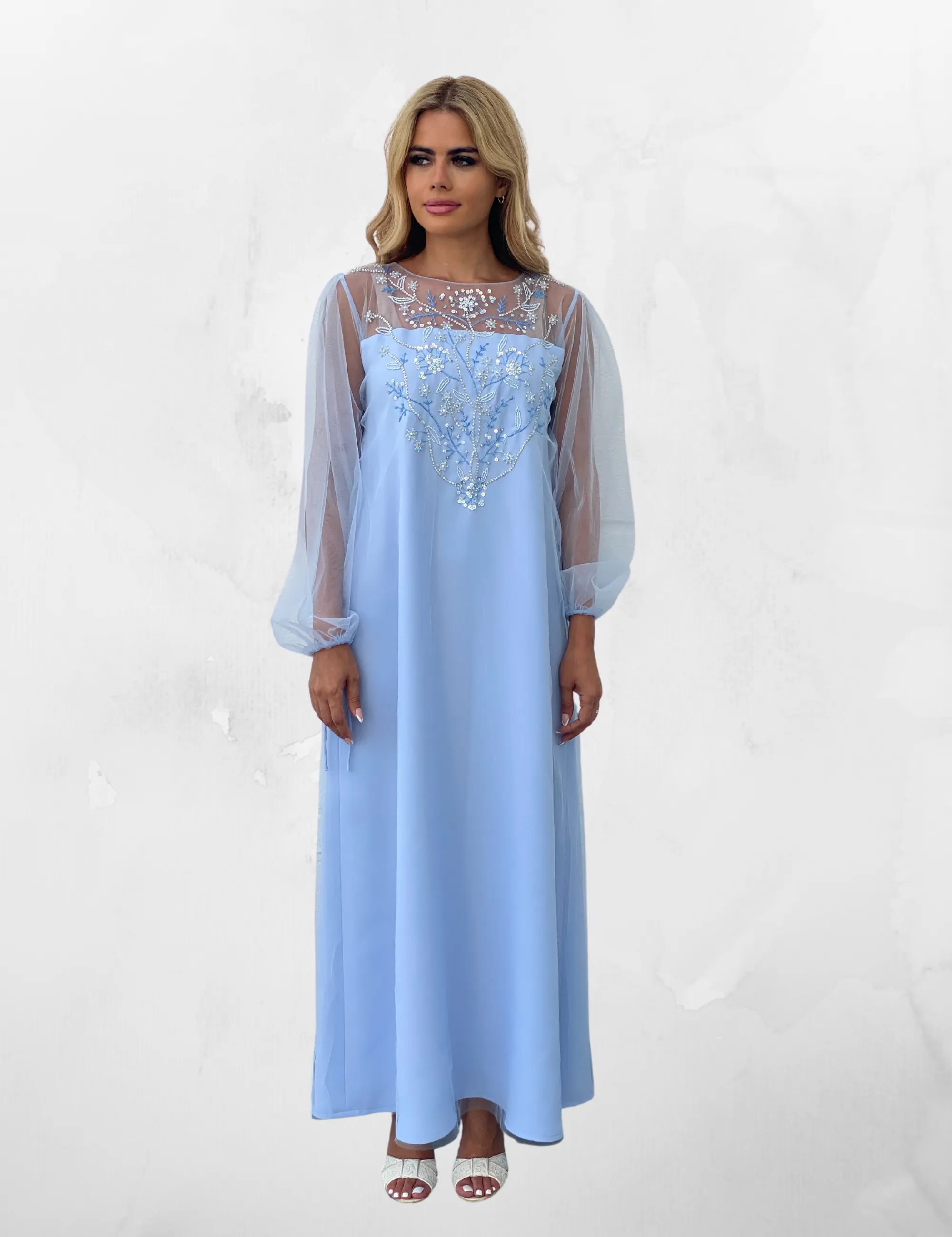 Blue Tulle Crepe Embroidery Women's Kaftan- NE-N0.22-1