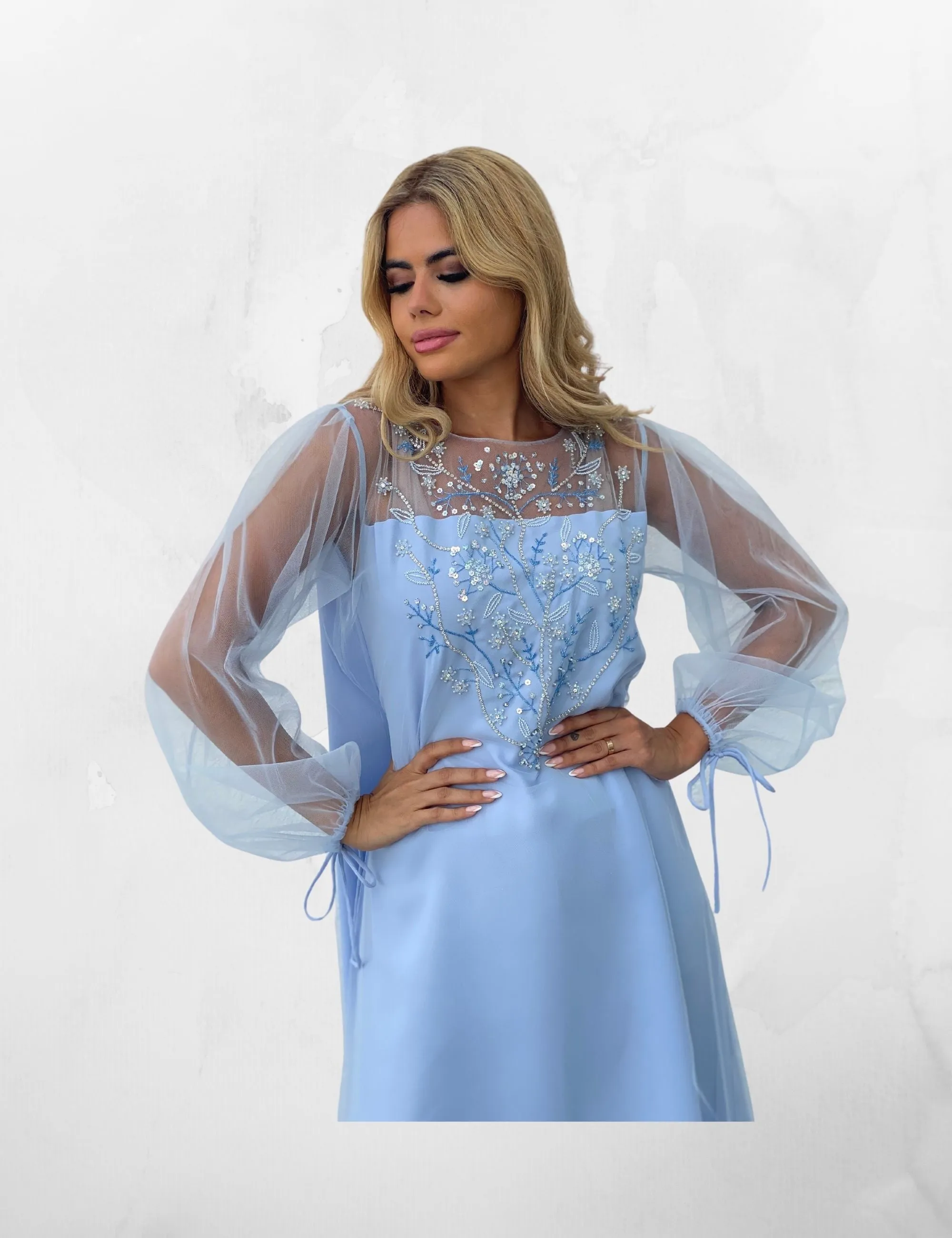 Blue Tulle Crepe Embroidery Women's Kaftan- NE-N0.22-1