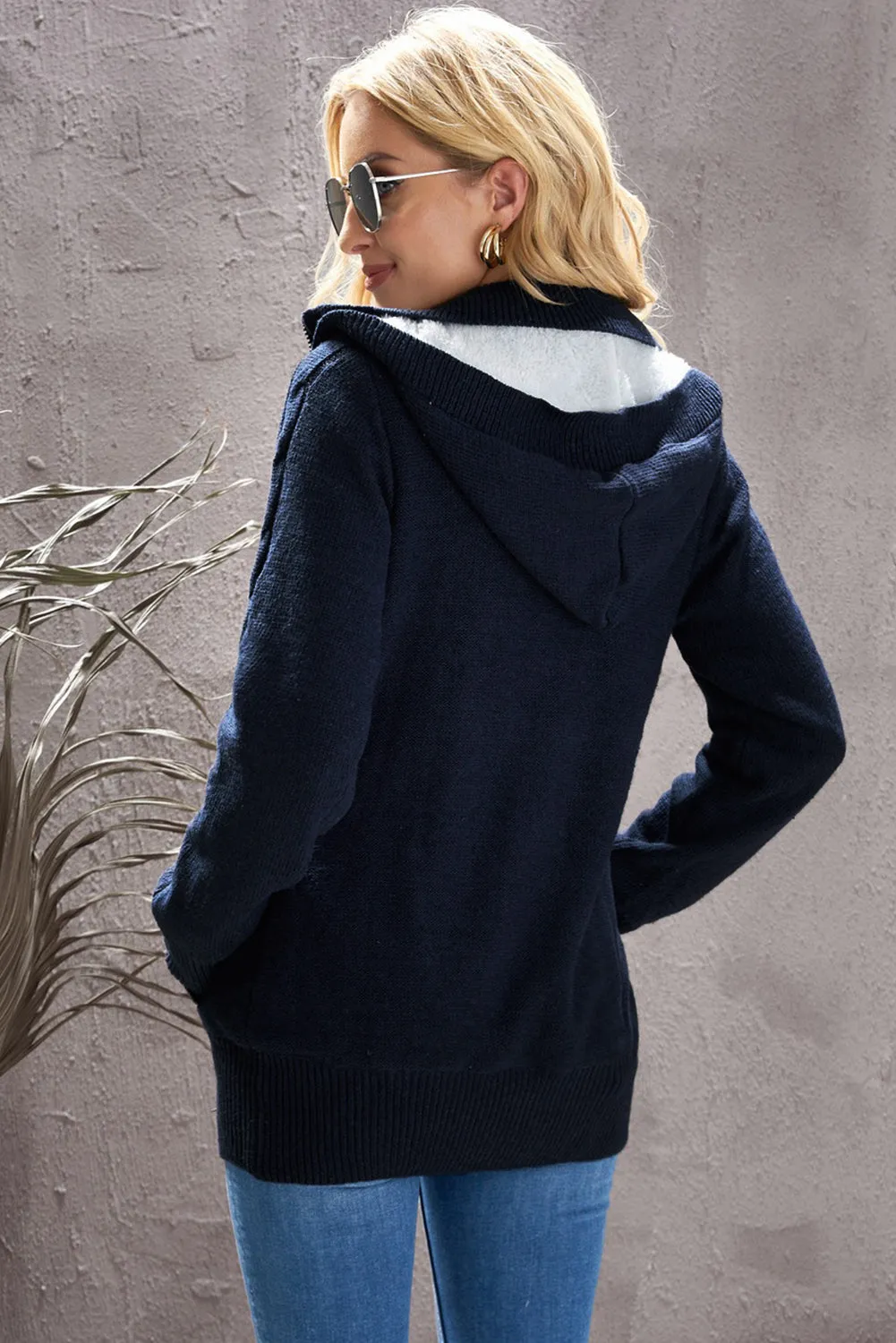 Cable-Knit Fleece Lining Button-Up Hooded Cardigan