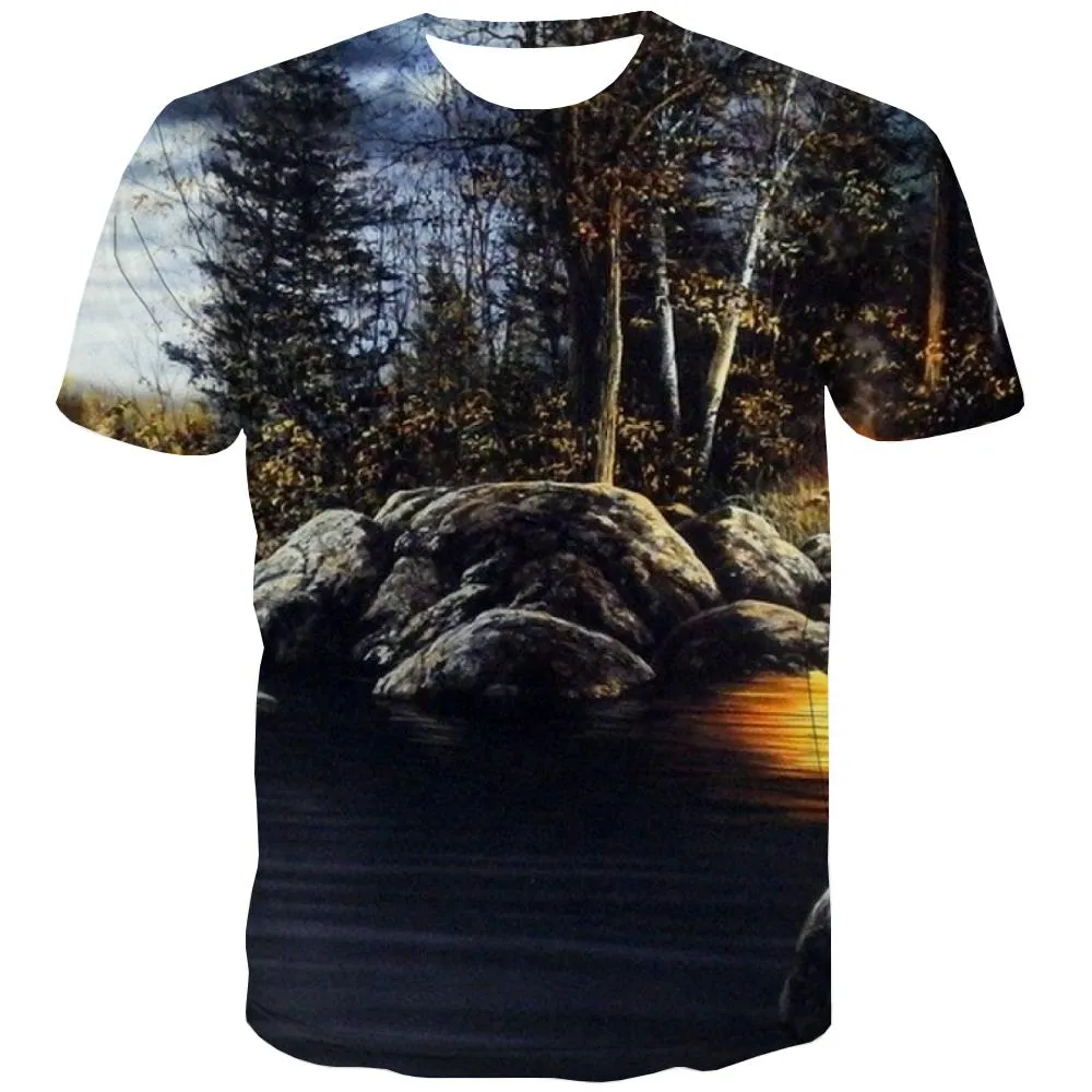 Camping T-shirt Men Sunset Tshirt Printed Forest T shirts Funny Flame T-shirts 3d