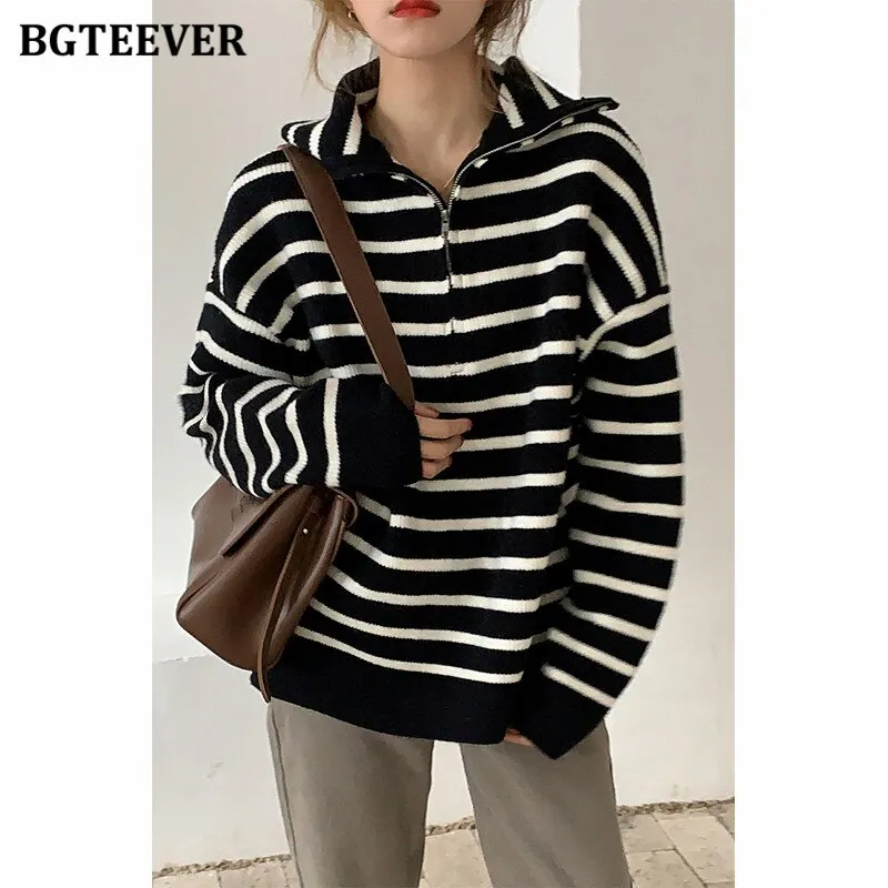 Christmas Gift Joskaa Chic Casual Turn-down Collar Zippers Women Striped Sweaters Tops Long Sleeve Loose Female Knitted Pullovers 2024 Autumn