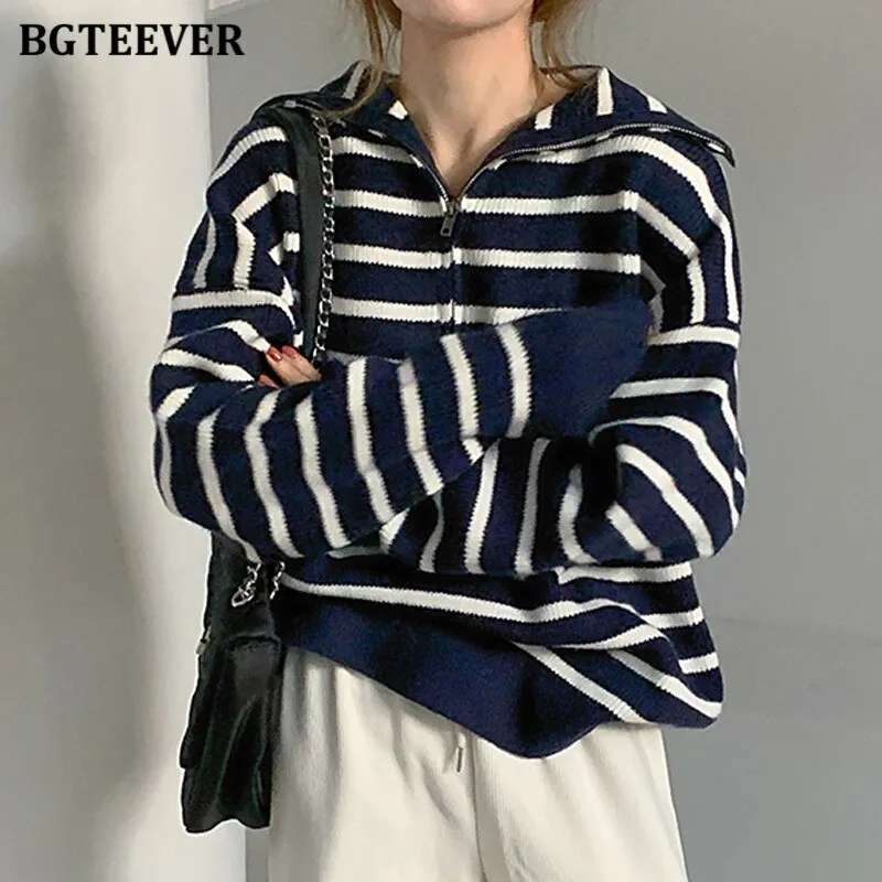 Christmas Gift Joskaa Chic Casual Turn-down Collar Zippers Women Striped Sweaters Tops Long Sleeve Loose Female Knitted Pullovers 2024 Autumn