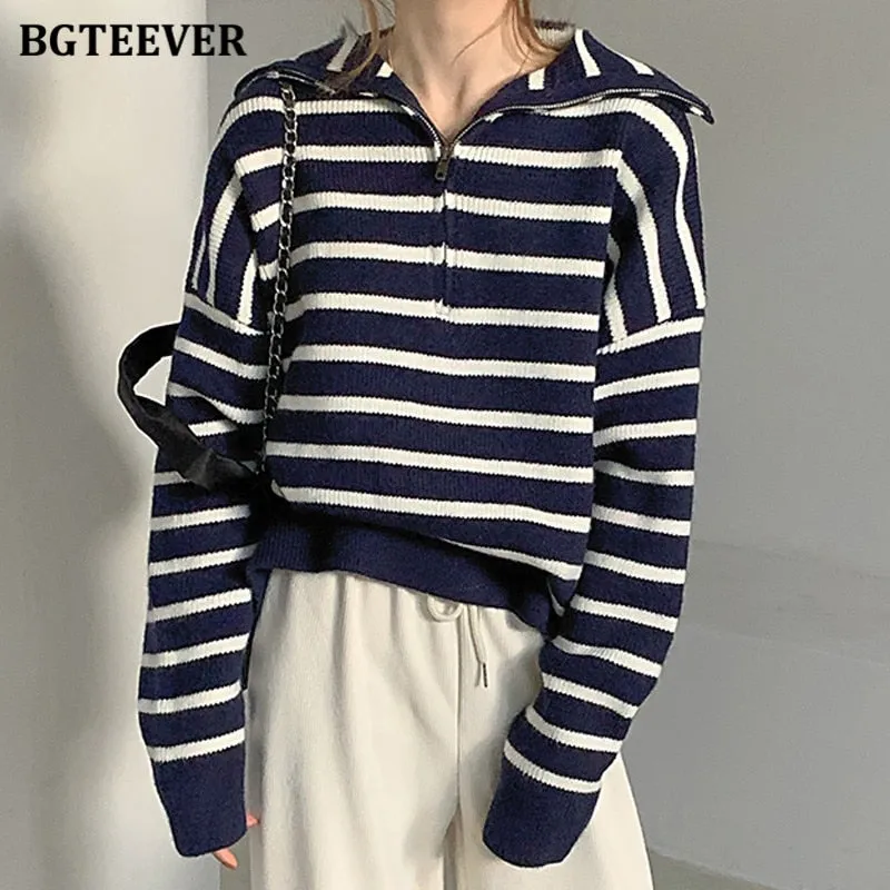 Christmas Gift Joskaa Chic Casual Turn-down Collar Zippers Women Striped Sweaters Tops Long Sleeve Loose Female Knitted Pullovers 2024 Autumn