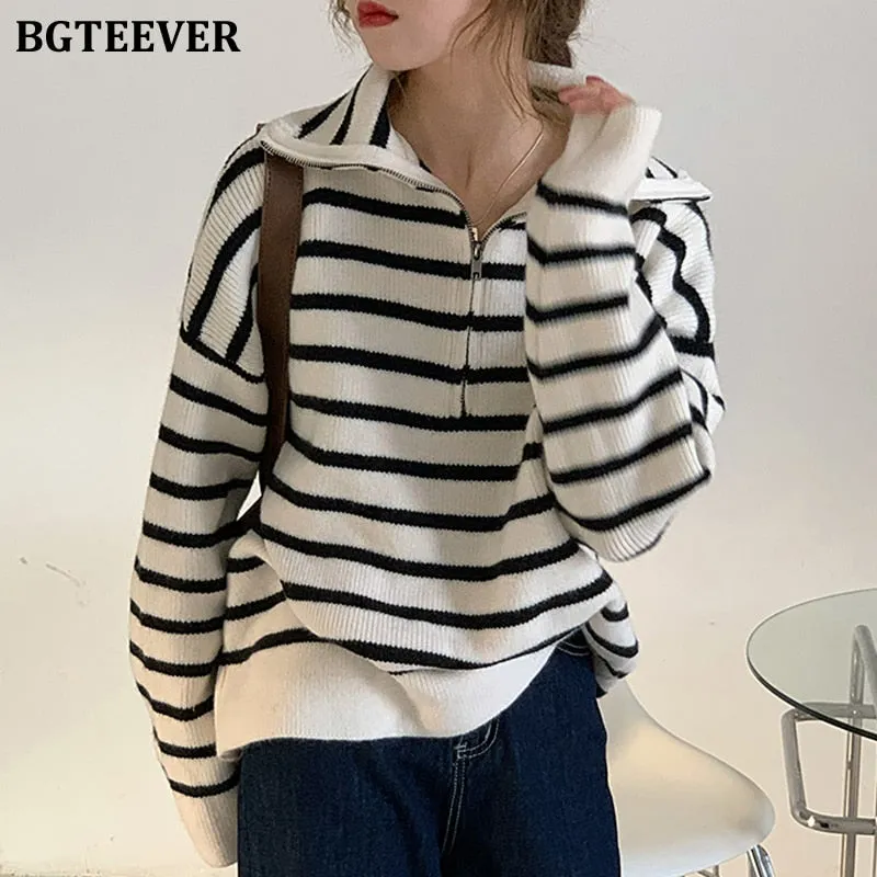 Christmas Gift Joskaa Chic Casual Turn-down Collar Zippers Women Striped Sweaters Tops Long Sleeve Loose Female Knitted Pullovers 2024 Autumn