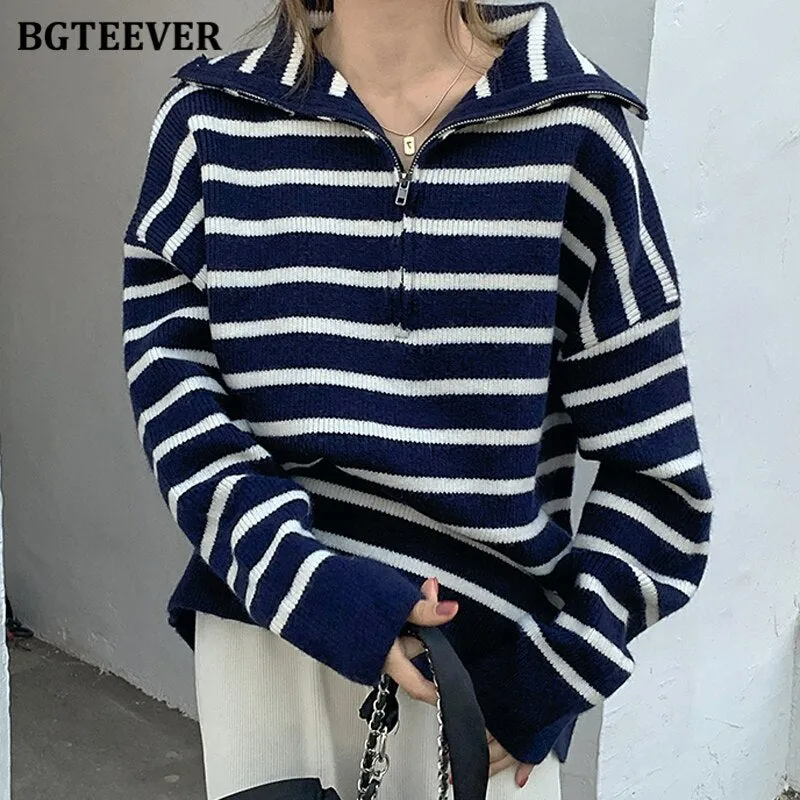 Christmas Gift Joskaa Chic Casual Turn-down Collar Zippers Women Striped Sweaters Tops Long Sleeve Loose Female Knitted Pullovers 2024 Autumn