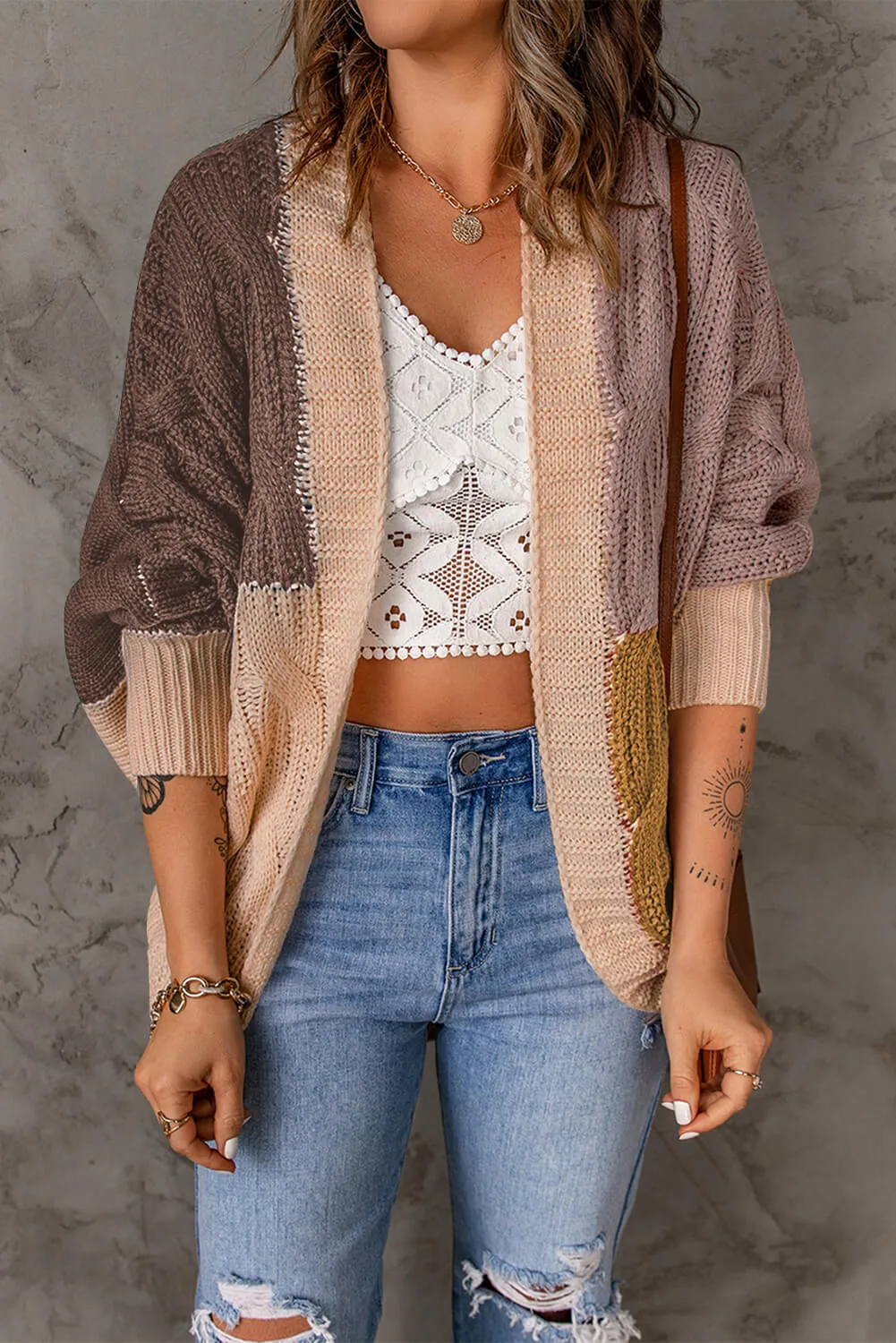 Color Block Cable-Knit Batwing Sleeve Cardigan