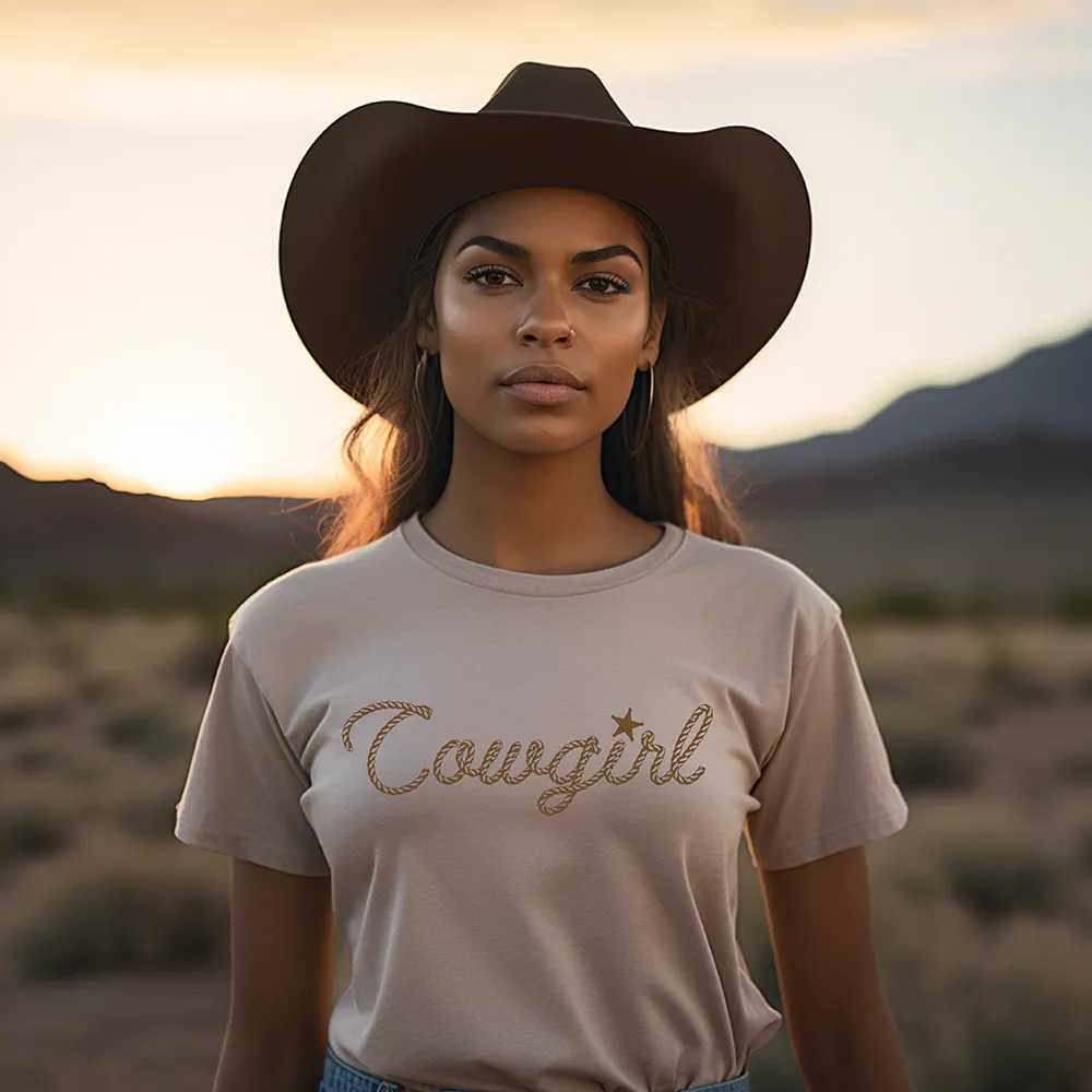 Cowgirl in Rope Graphic Tee Shirt for Country Girls- Bourbon Cowgirl