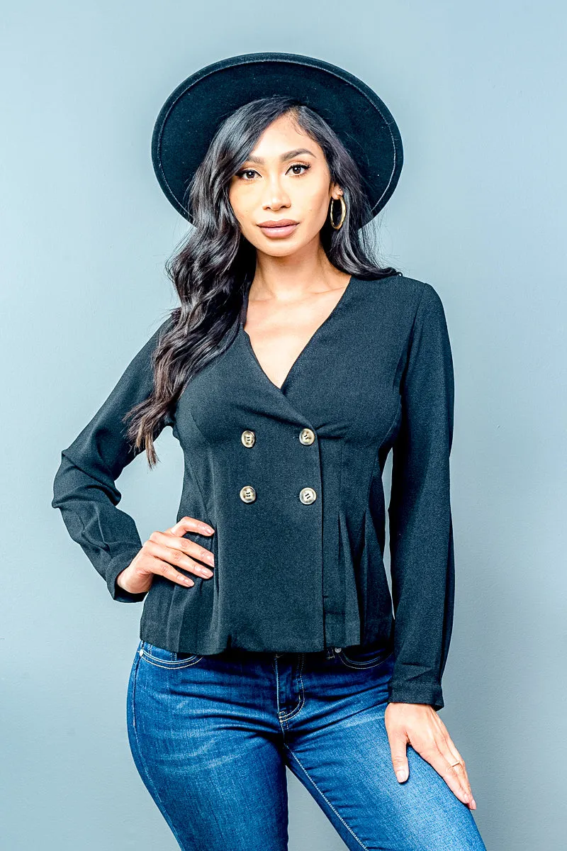 Deep V Neck Double Breasted Blazer in Black  (D30324-MW188)