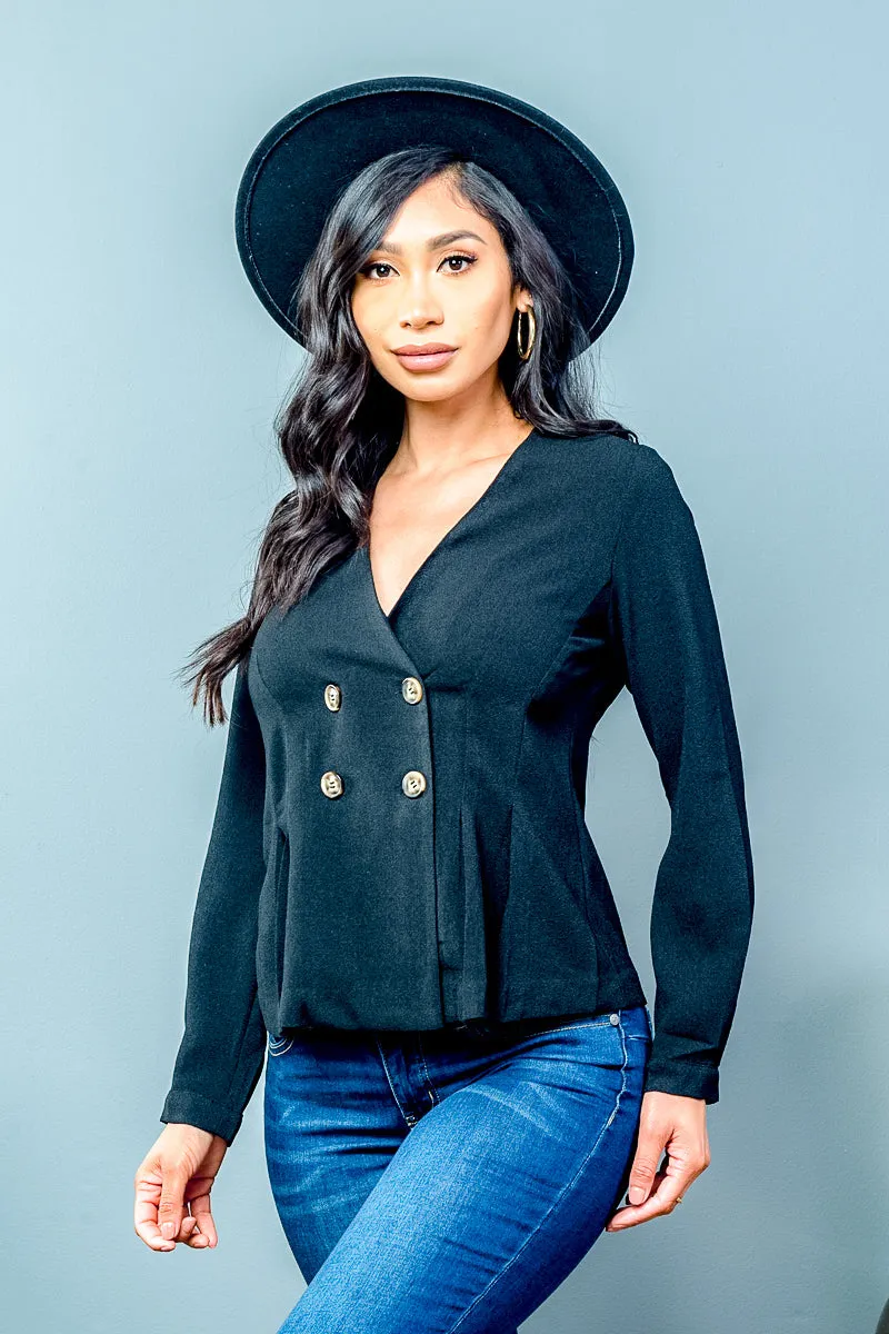 Deep V Neck Double Breasted Blazer in Black  (D30324-MW188)