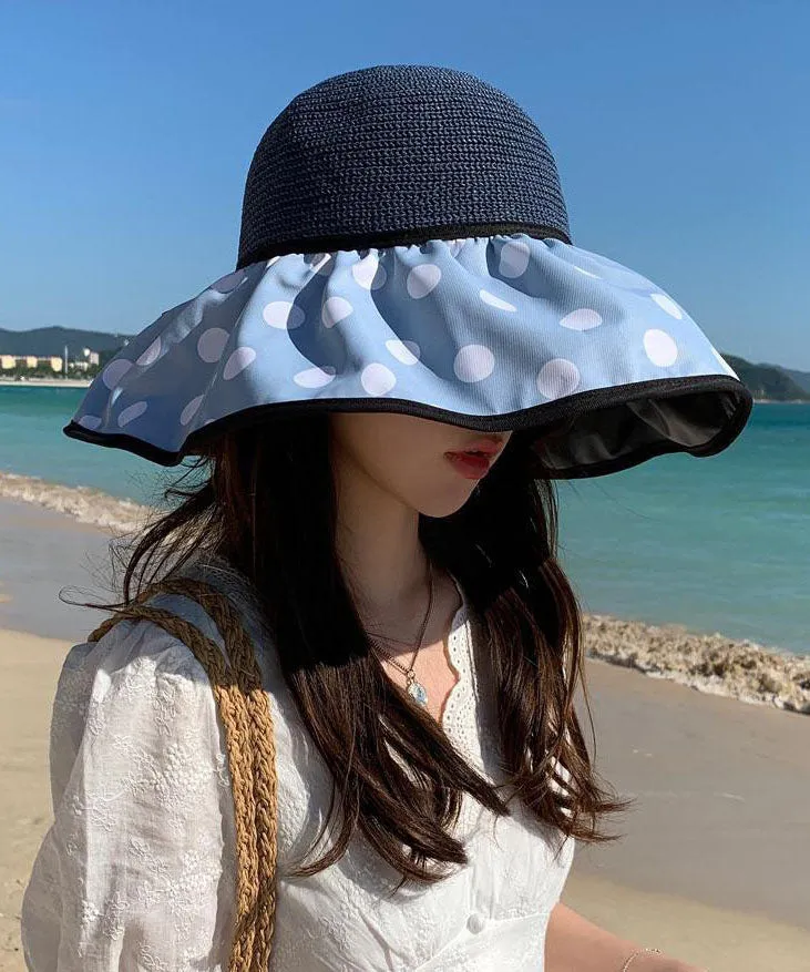 Elegant Khaki Dot Print Patchwork Straw Woven Floppy Sun Hat