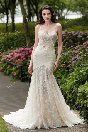 Elegant Nude Sheer Floret Lace Mermaid Wedding Gown