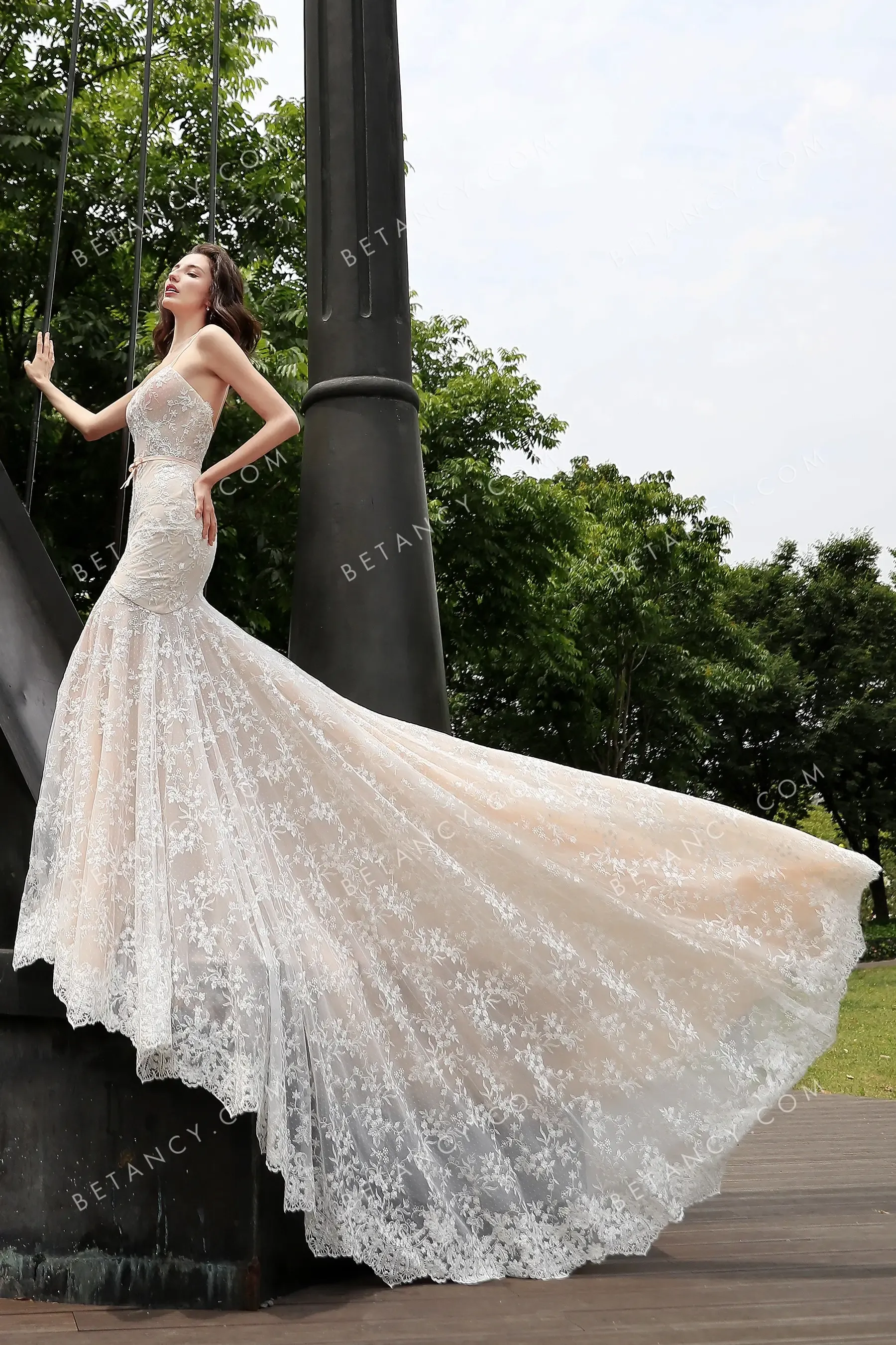 Elegant Nude Sheer Floret Lace Mermaid Wedding Gown