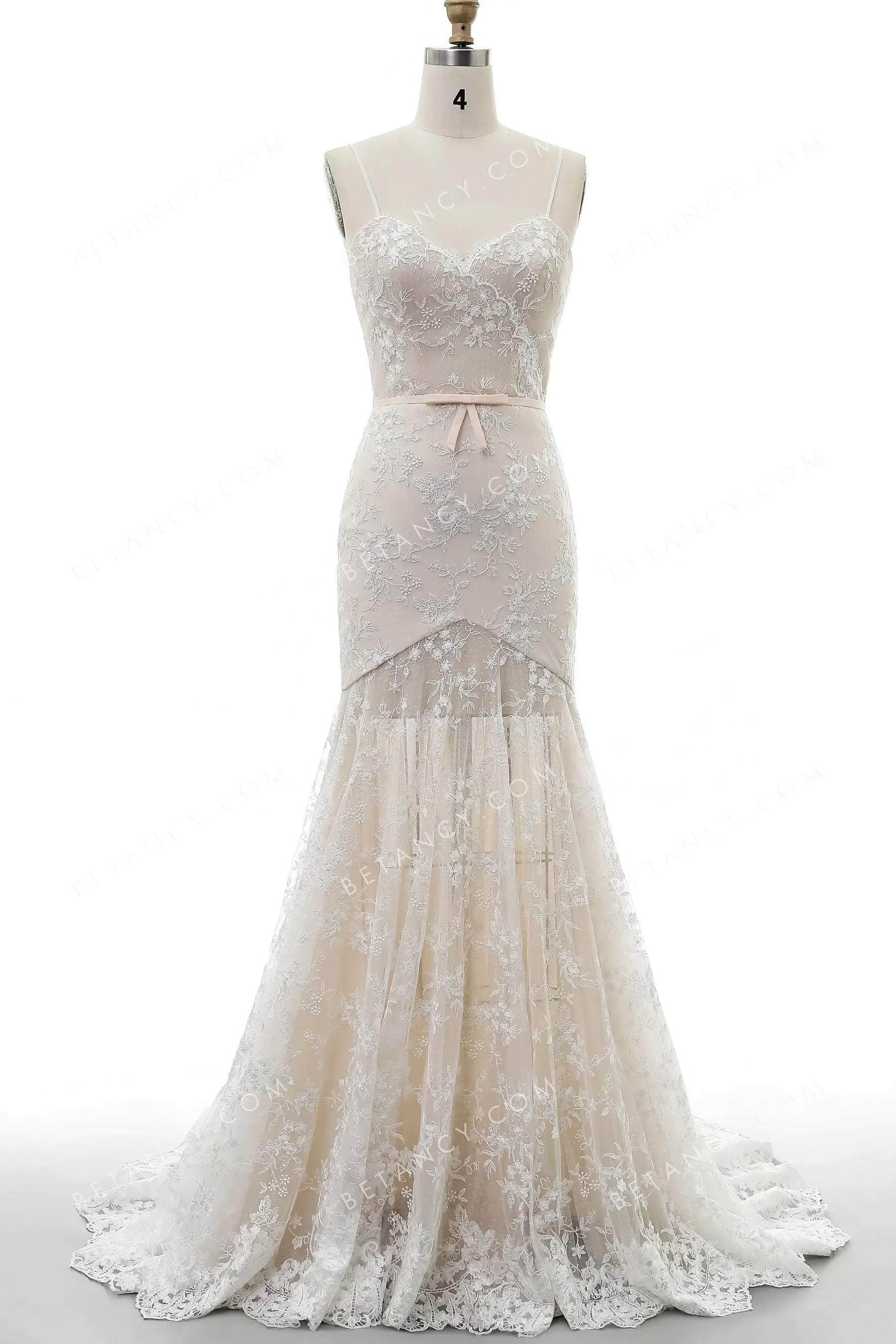 Elegant Nude Sheer Floret Lace Mermaid Wedding Gown