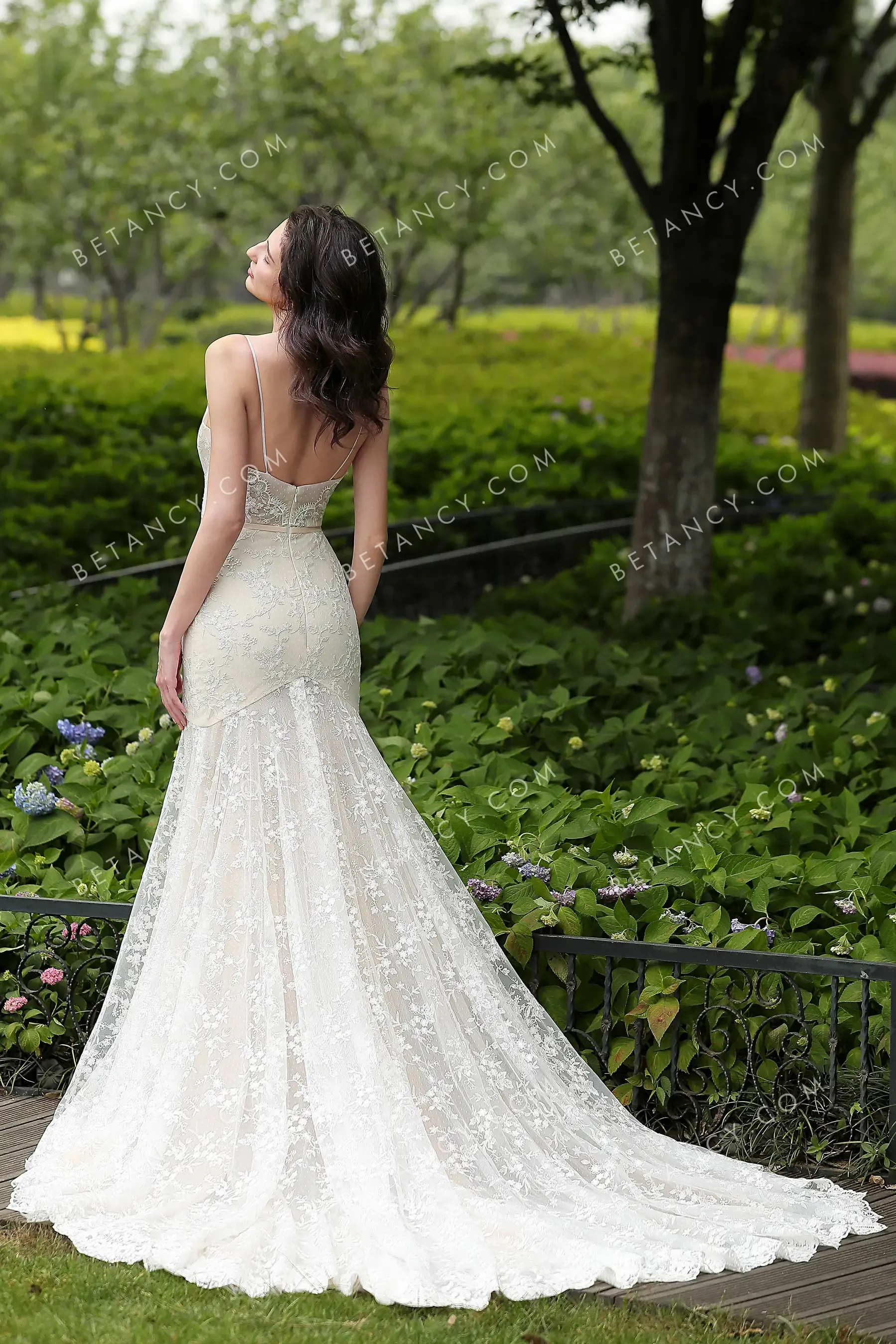 Elegant Nude Sheer Floret Lace Mermaid Wedding Gown