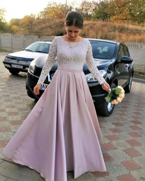 Elegant Satin Bridesmaid Dresses Lace Long Sleeves Wedding Guest Party Dresses