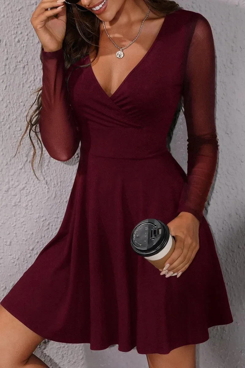 Elegant Solid Mesh V Neck Pleated Dresses