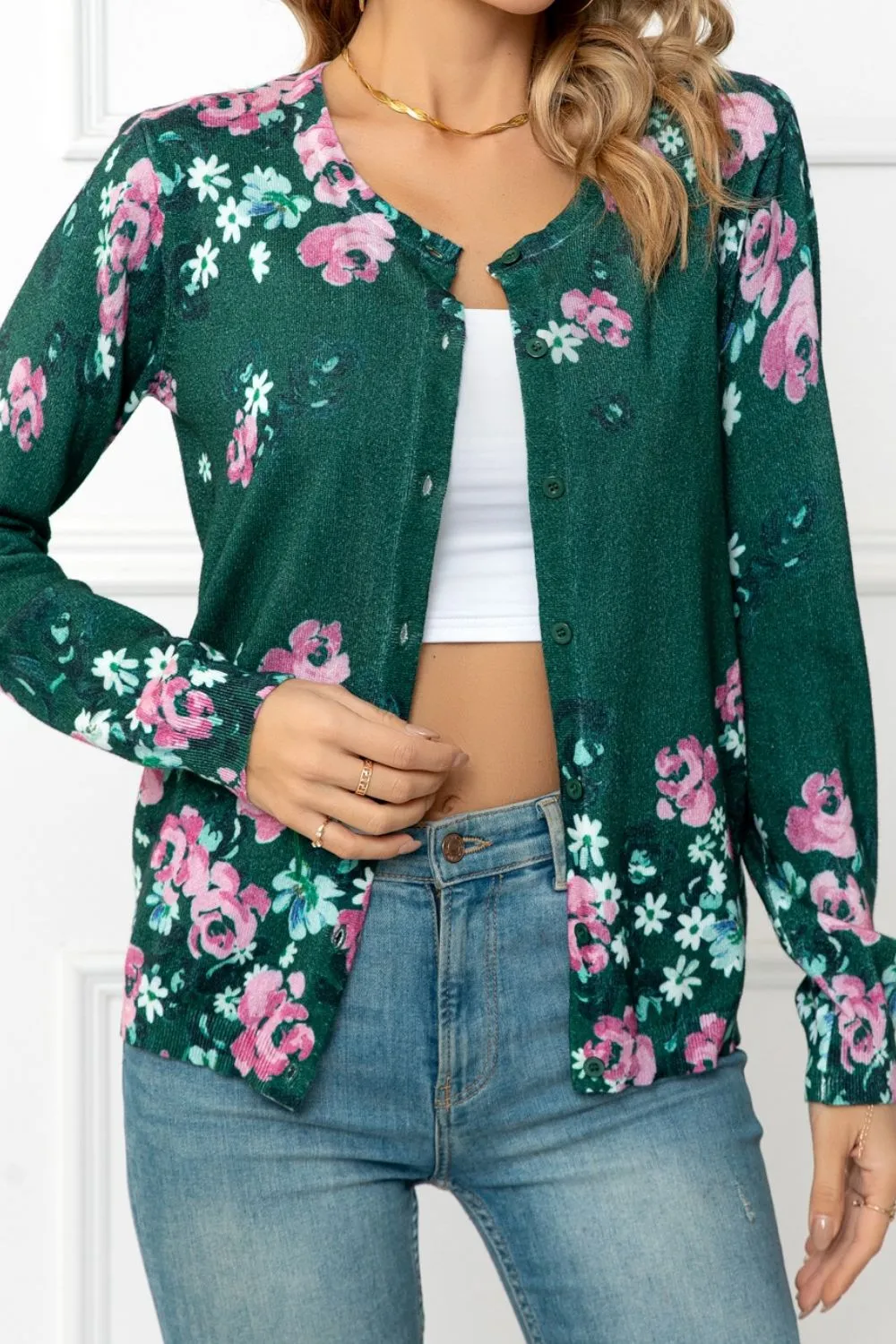 Floral Button Front Round Neck Cardigan