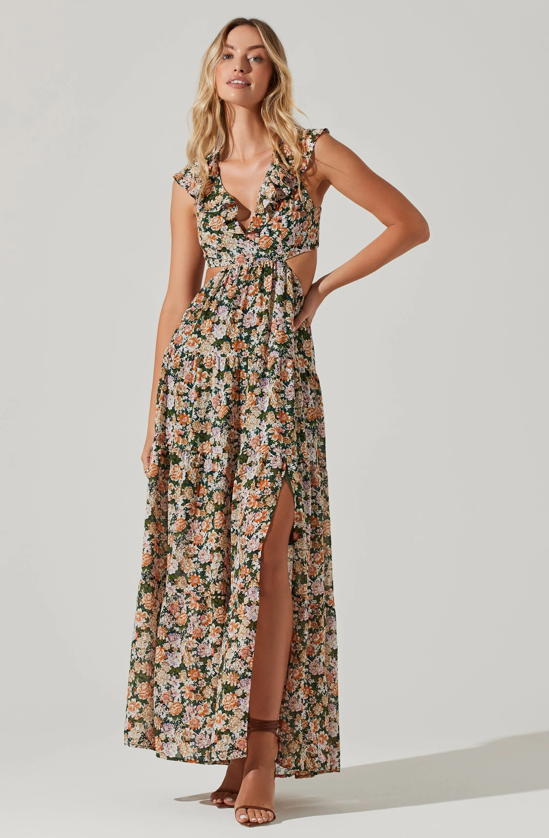 Floral Ruffle Cutout Maxi Dress