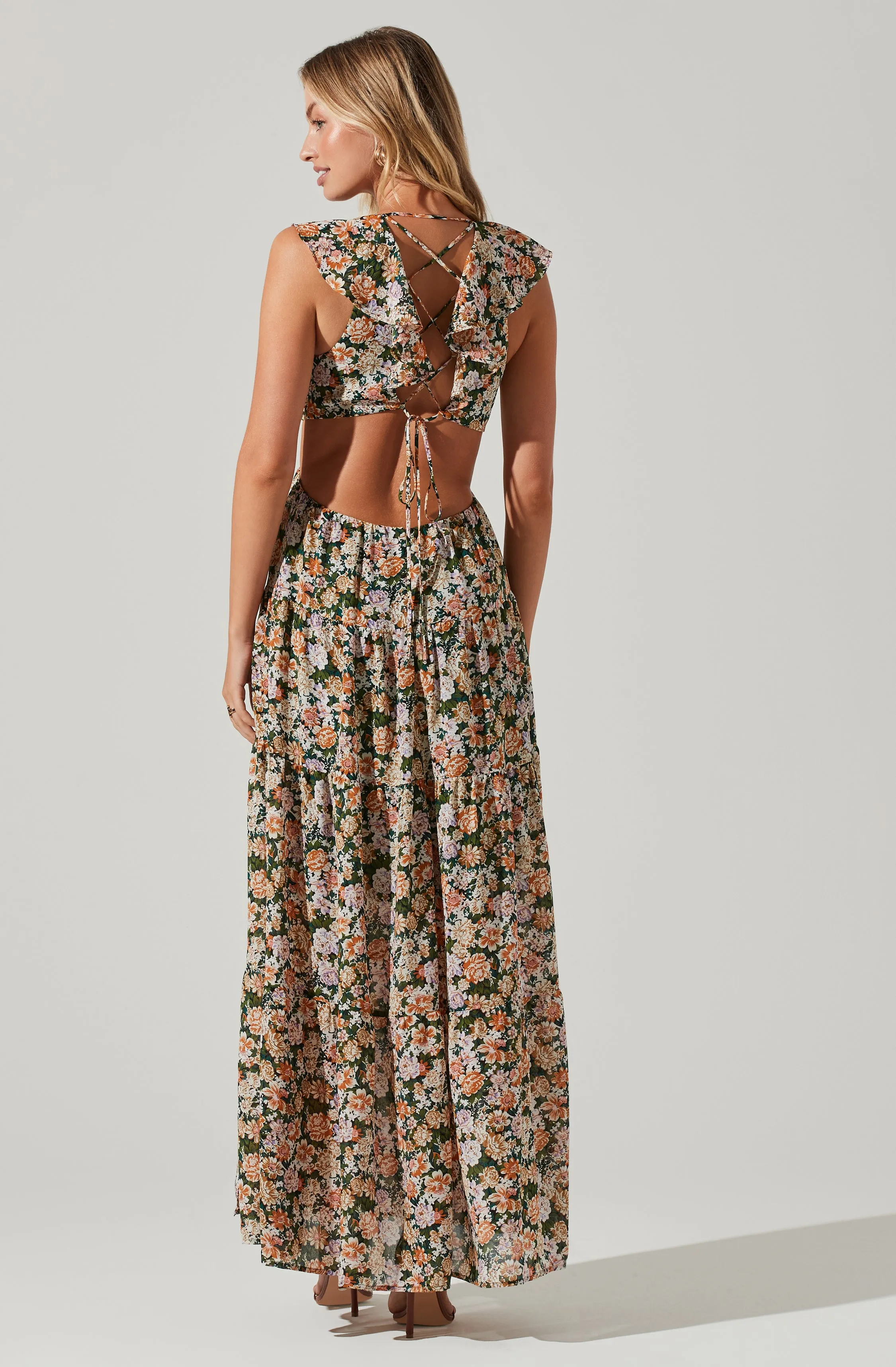 Floral Ruffle Cutout Maxi Dress