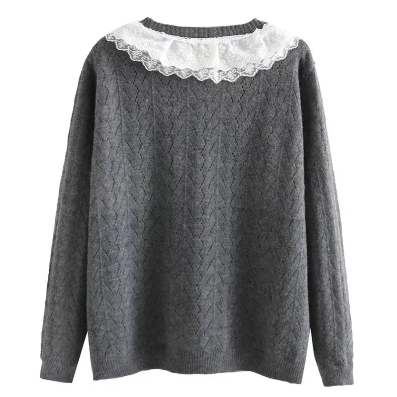 Girlary Long Sleeve Top Knitted Cute Sweaters Women Grey Elegant Cardidgans Button Up Front Tie Lace Trim Kawaii Knitwear Preppy Style