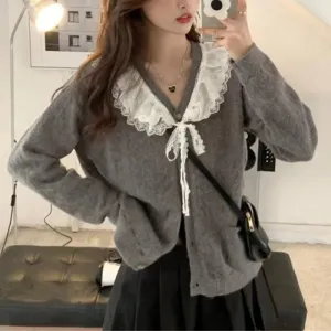 Girlary Long Sleeve Top Knitted Cute Sweaters Women Grey Elegant Cardidgans Button Up Front Tie Lace Trim Kawaii Knitwear Preppy Style