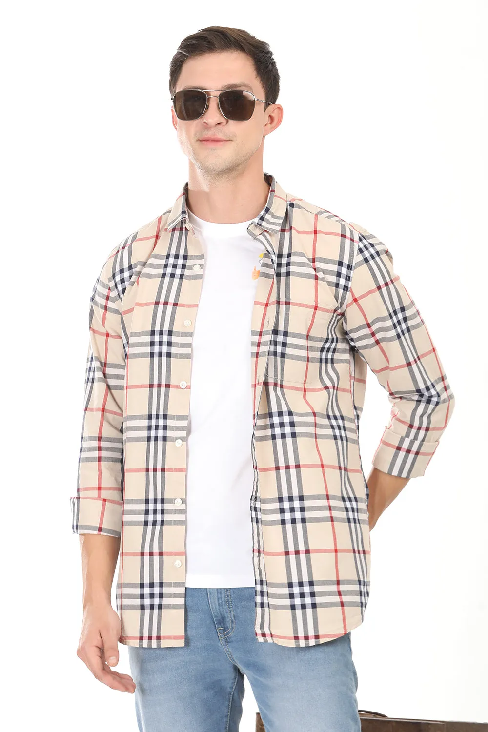 Gridline Checkered Shirt - Beige