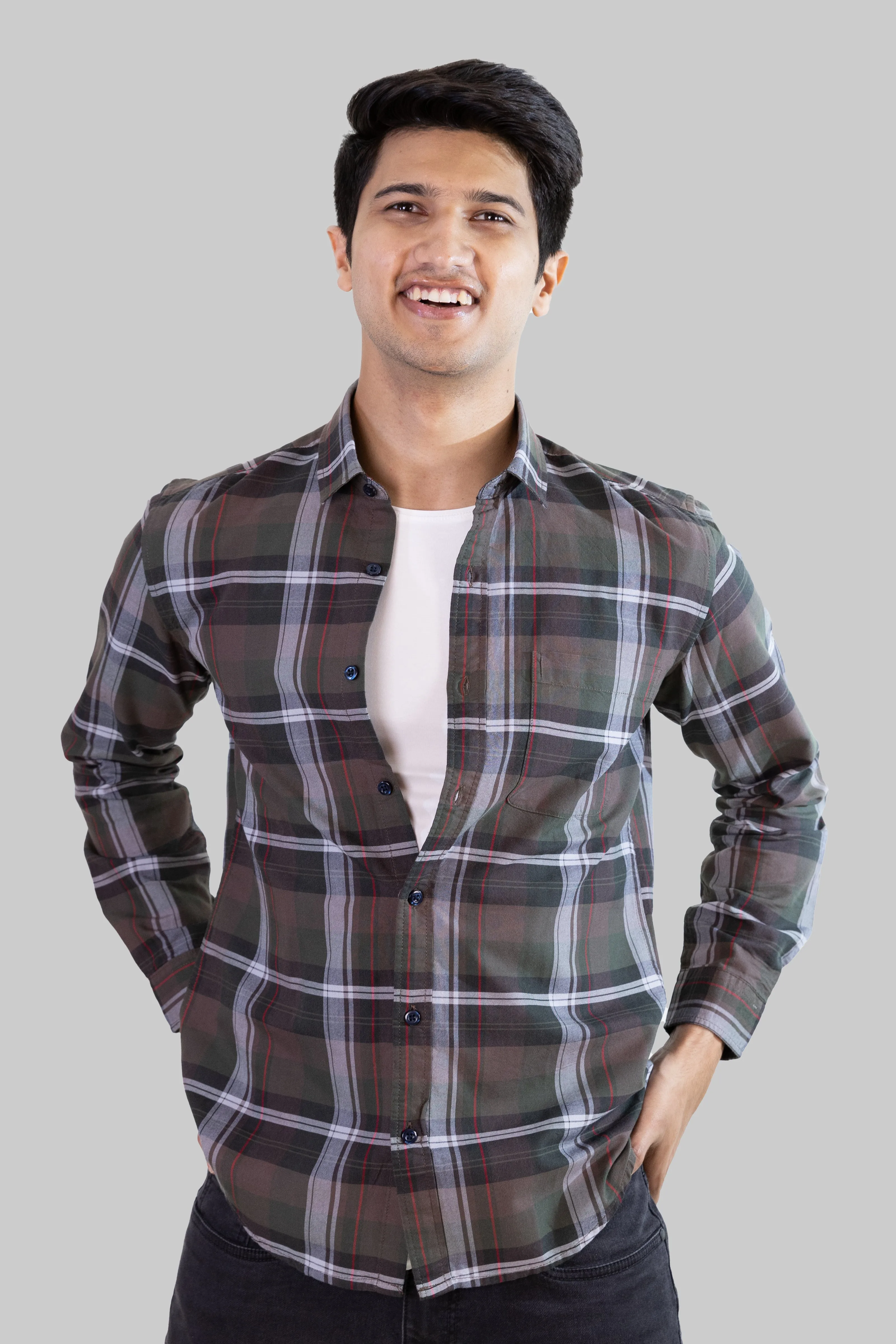 Gridline Checkered Shirt - Brown