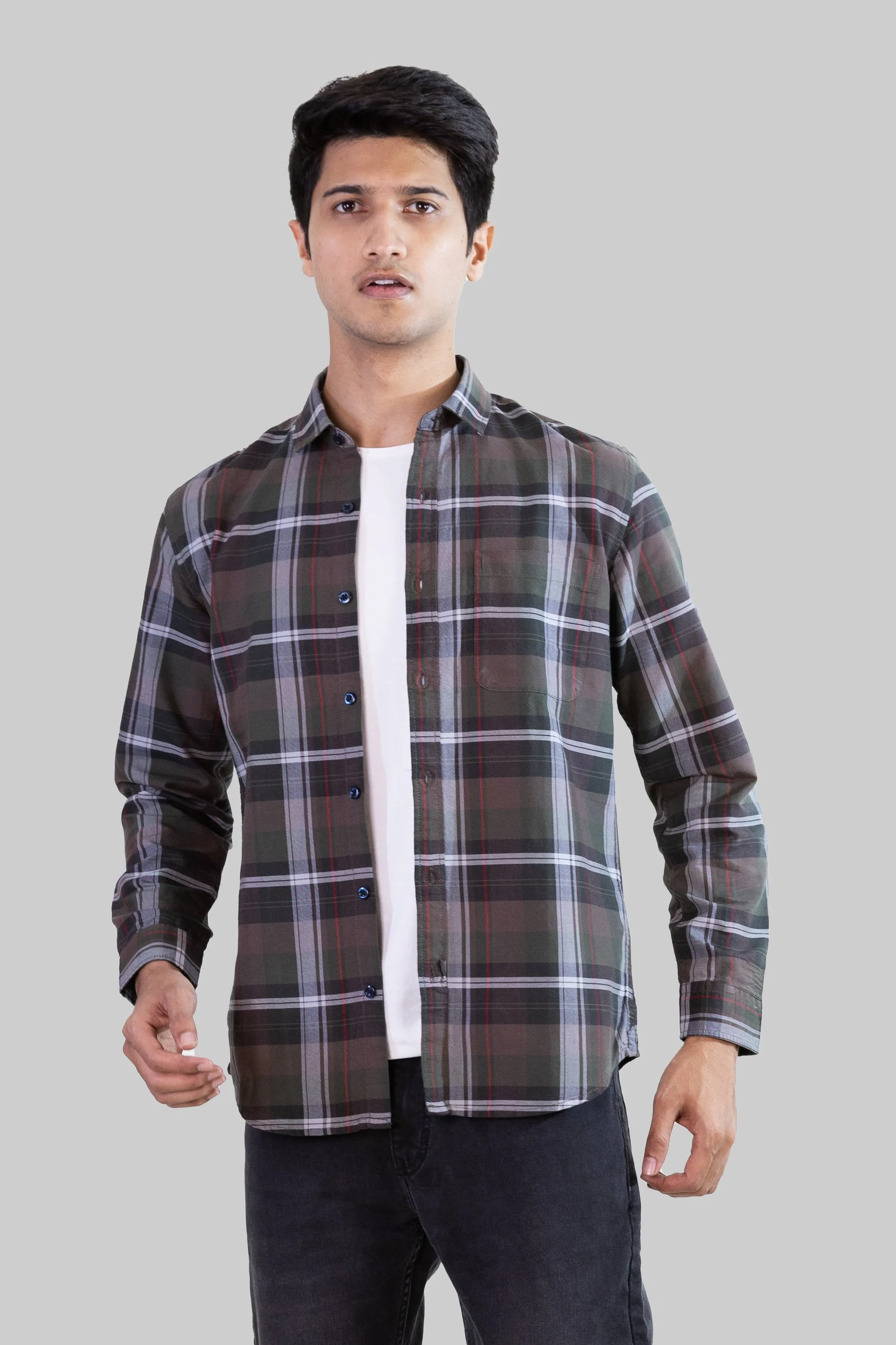 Gridline Checkered Shirt - Brown