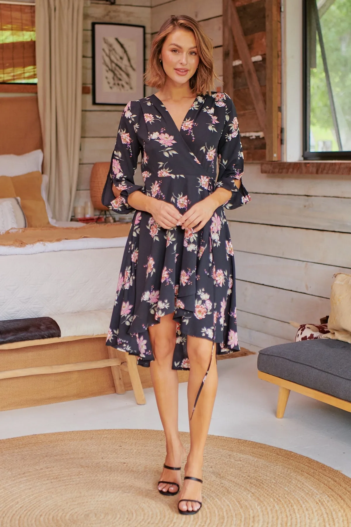 Hailey Cross Over Long Sleeve Black/Pink Floral Print Dress