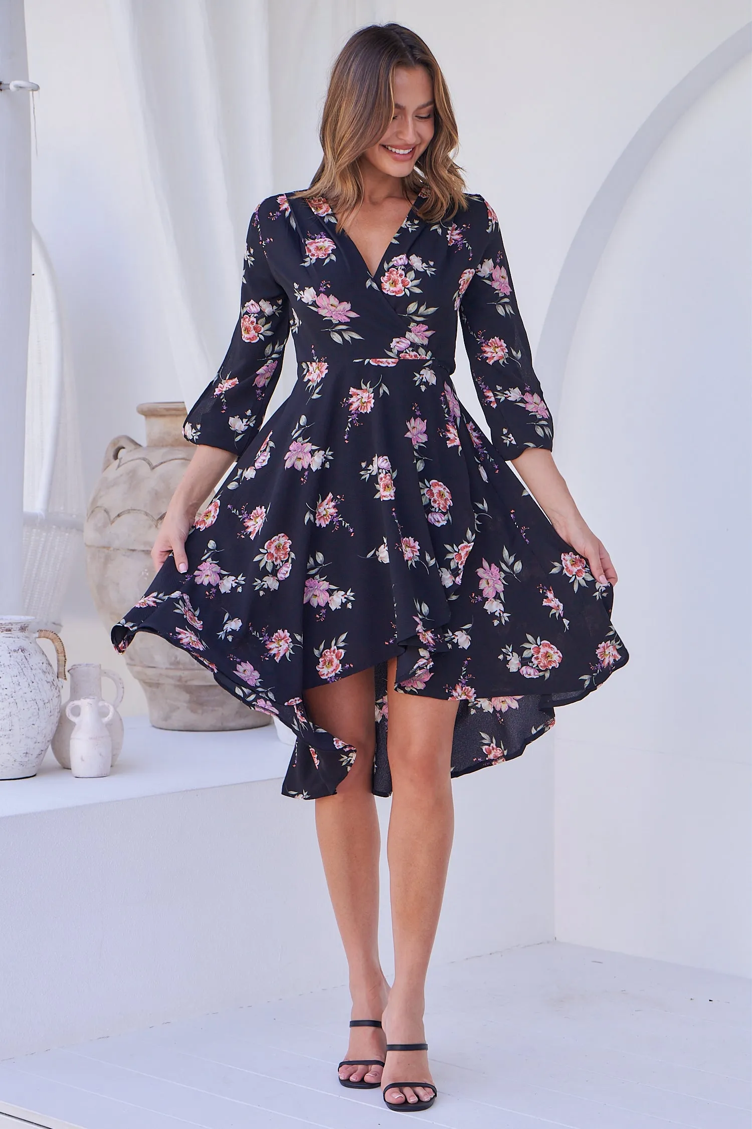 Hailey Cross Over Long Sleeve Black/Pink Floral Print Dress