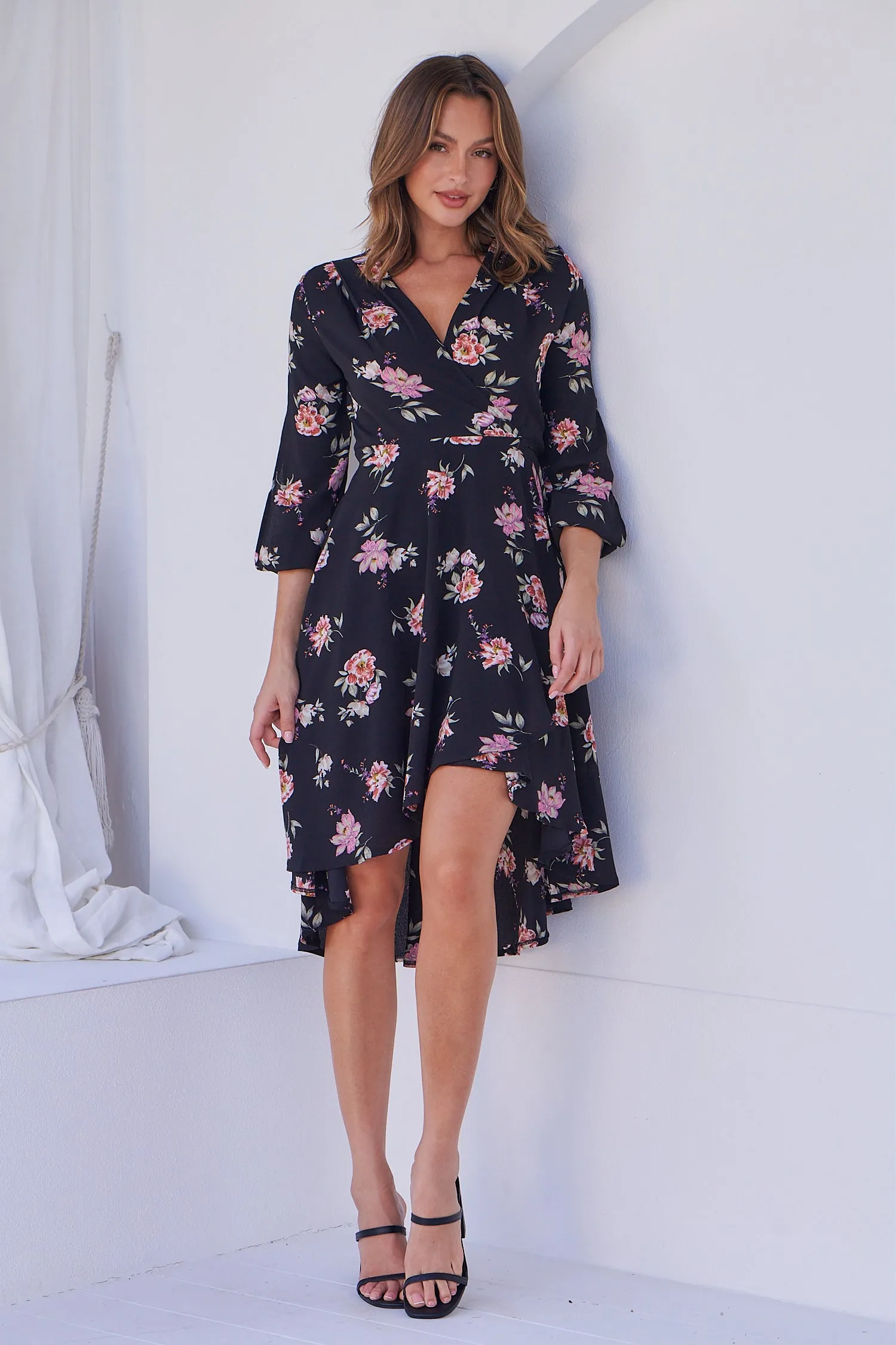 Hailey Cross Over Long Sleeve Black/Pink Floral Print Dress